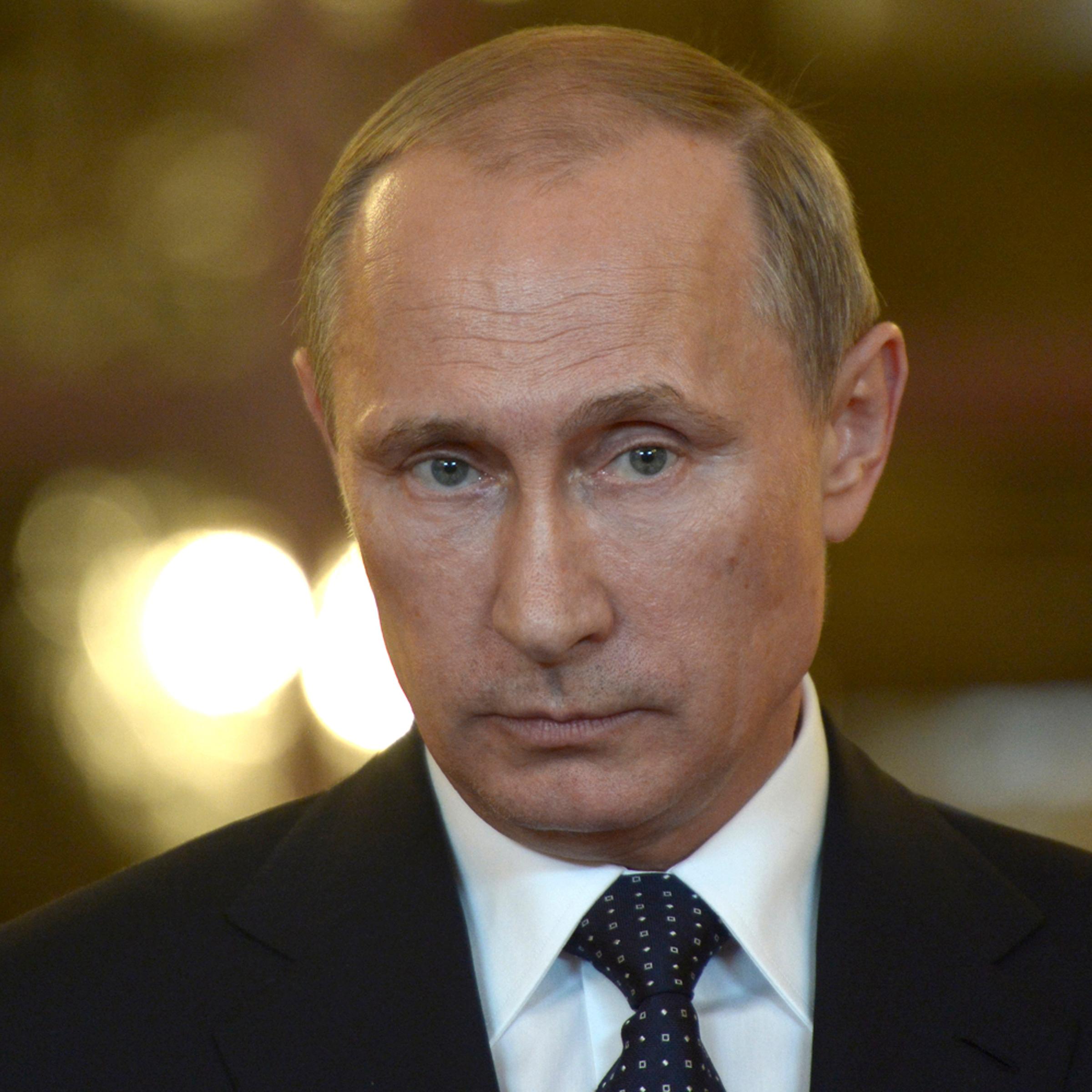 Russia's President Vladimir Putin talks to reporters during a meeting in Brasilia
