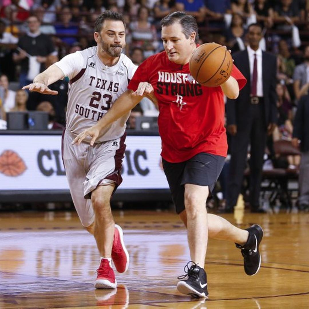 Senator Ted Cruz dribbles past Jimmy Kimmel during the Blobfish Basketball Classic and one-on-one interview at Texas Southern University’s Health & Physical Education Arena in in Houston on Saturday, June 16, 2018.