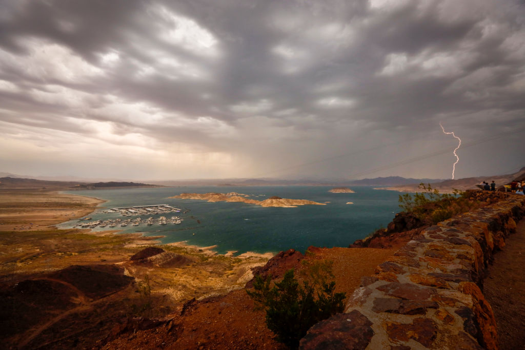 Lighting strikes over Lake Mead as a storm rolls through the area Tuesday, June 29, 2021. 