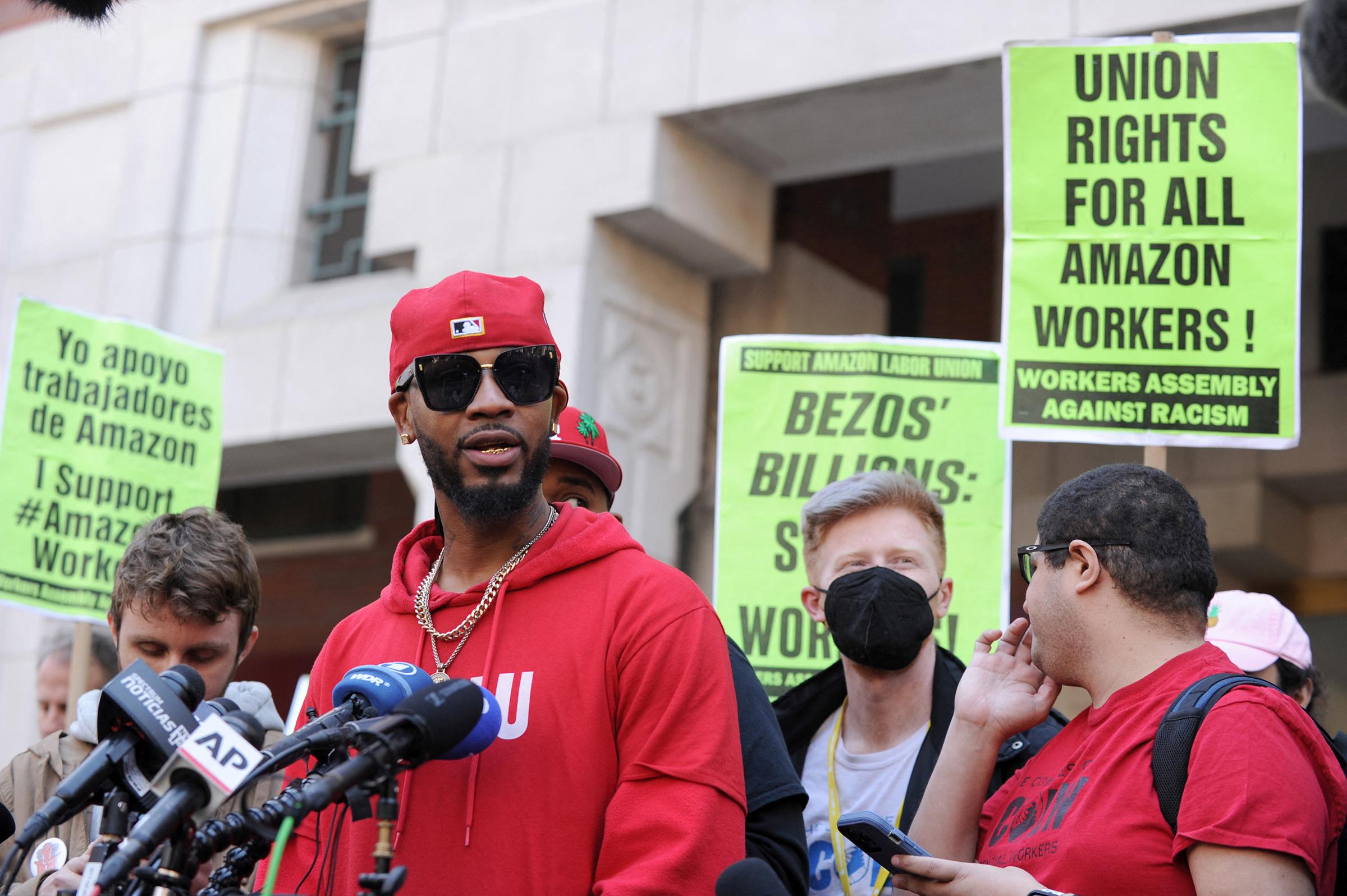 Union organizer Christian Smalls speaks following the April 1, 2022, vote for the unionization of the Amazon Staten Island warehouse in New York