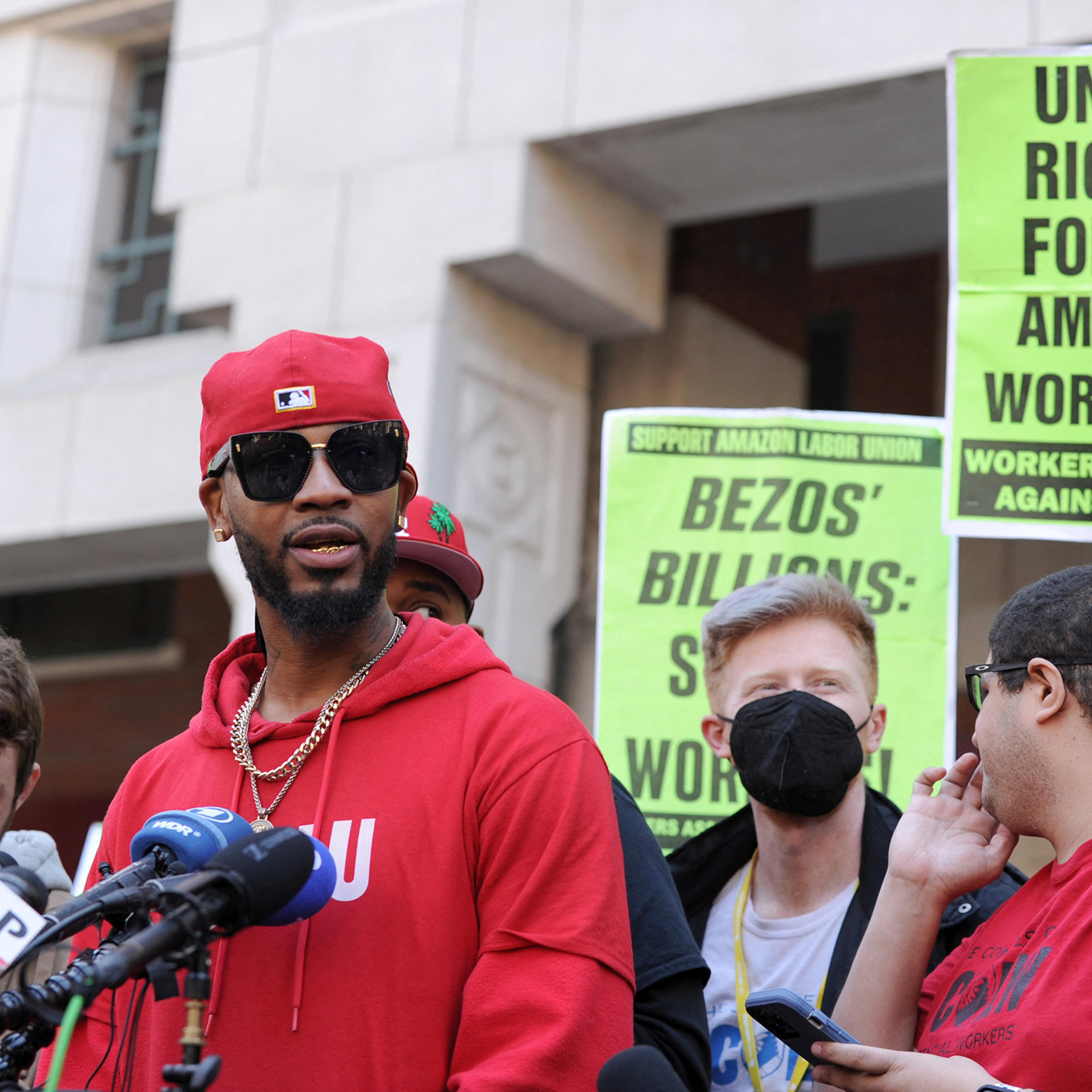 Union organizer Christian Smalls speaks following the April 1, 2022, vote for the unionization of the Amazon Staten Island warehouse in New York
