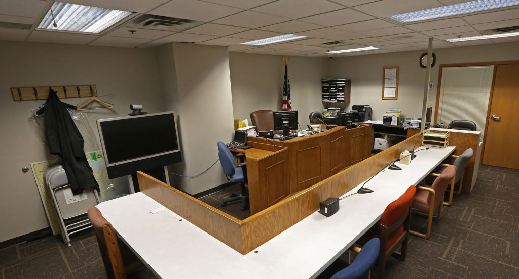 US Immigration Courtroom in Bloomington MN., photographed on 3/11/14.  One by one, the realities of an overwhelmed immigration system came walking into the courtroom in handcuffs and prison-issue flip-flops, Judge William J. Dickerson, who has seen it al