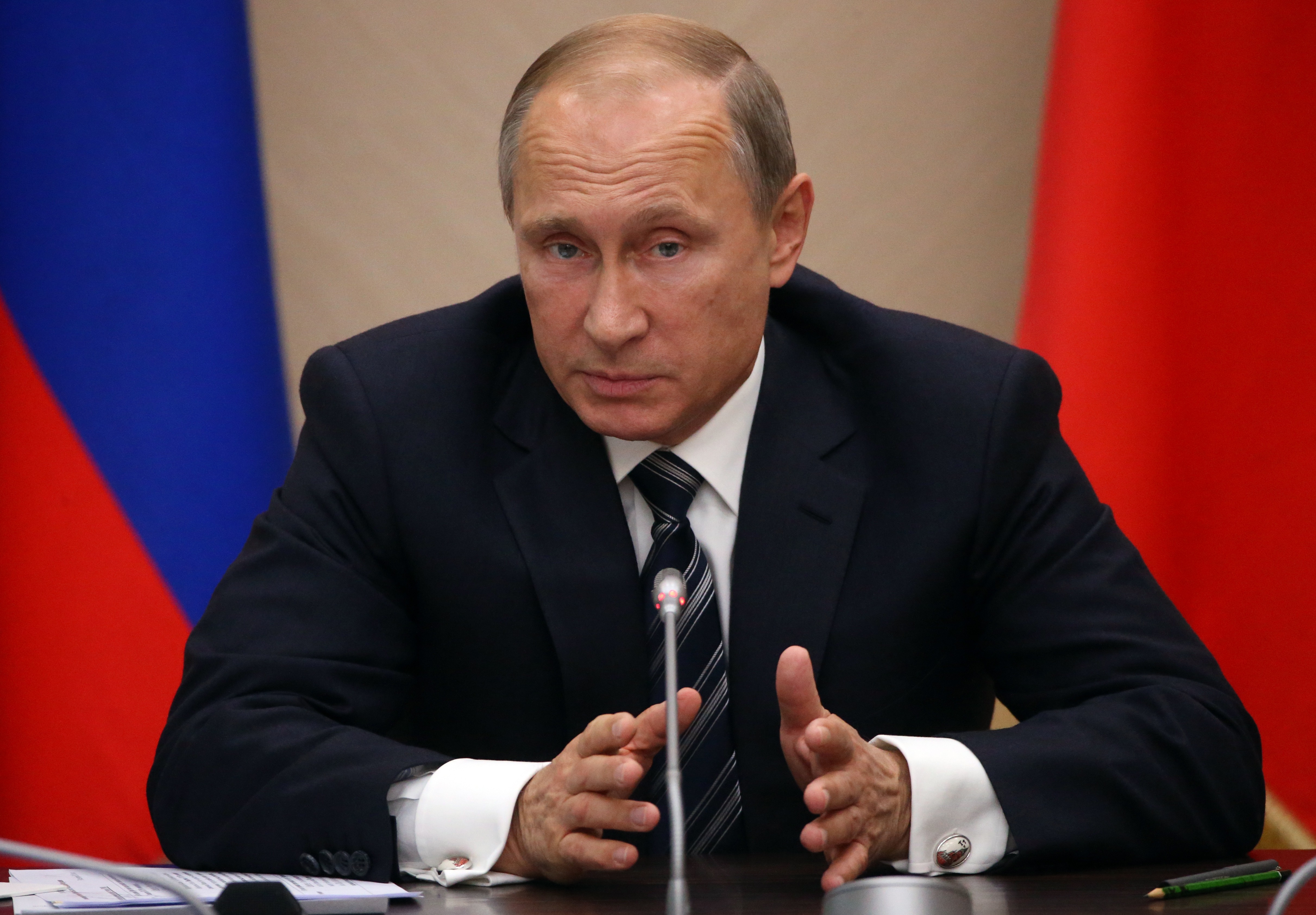 Vladimir Putin gives a speech during a weekly meeting with ministers of the Russian Government in Novo-Ogaryovo State Residence on Sept. 30, 2015 outside Moscow.