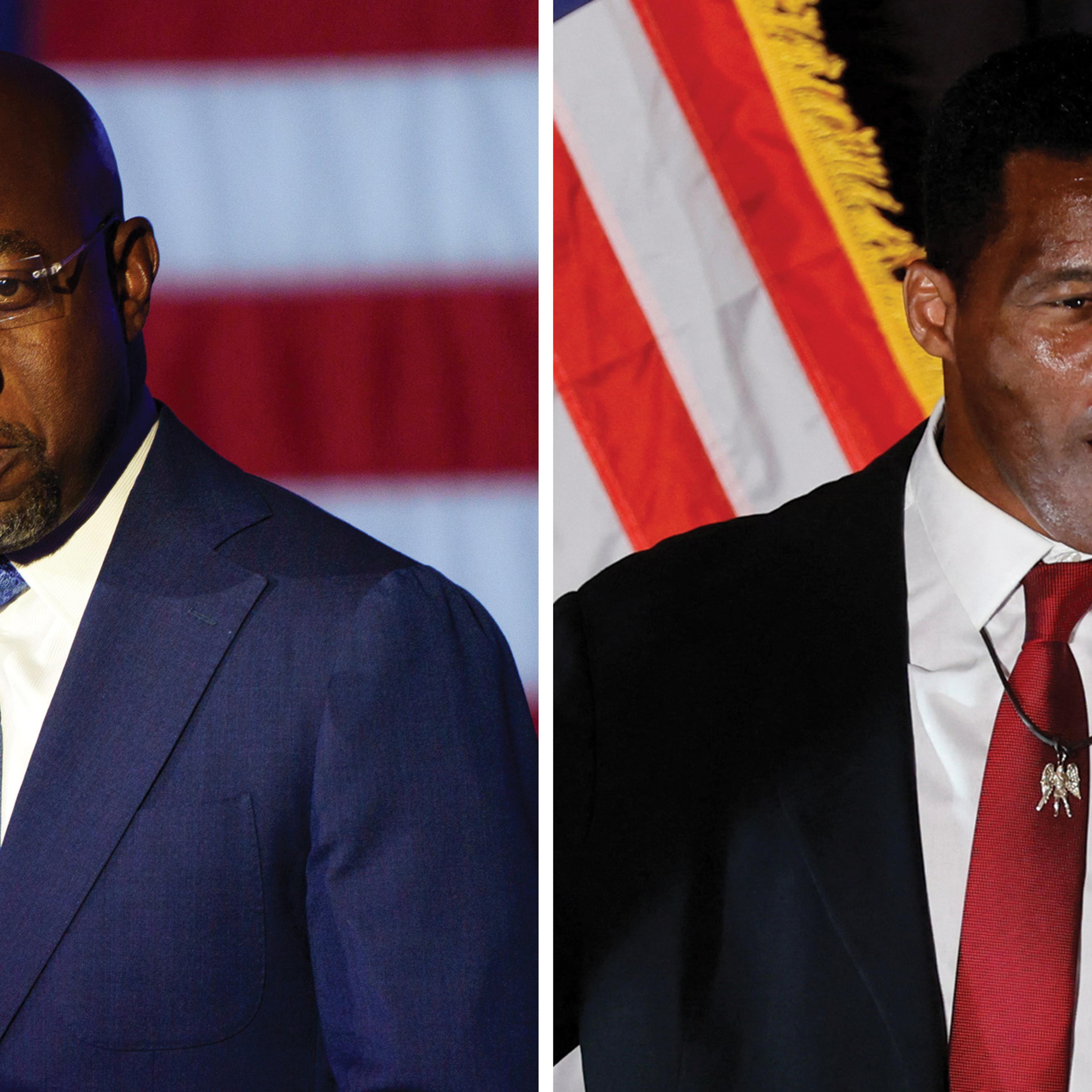 Sen. Raphael Warnock and Senate candidate Herschel Walker address supporters at their respective election night watch parties in Atlanta, Nov. 8, 2022.