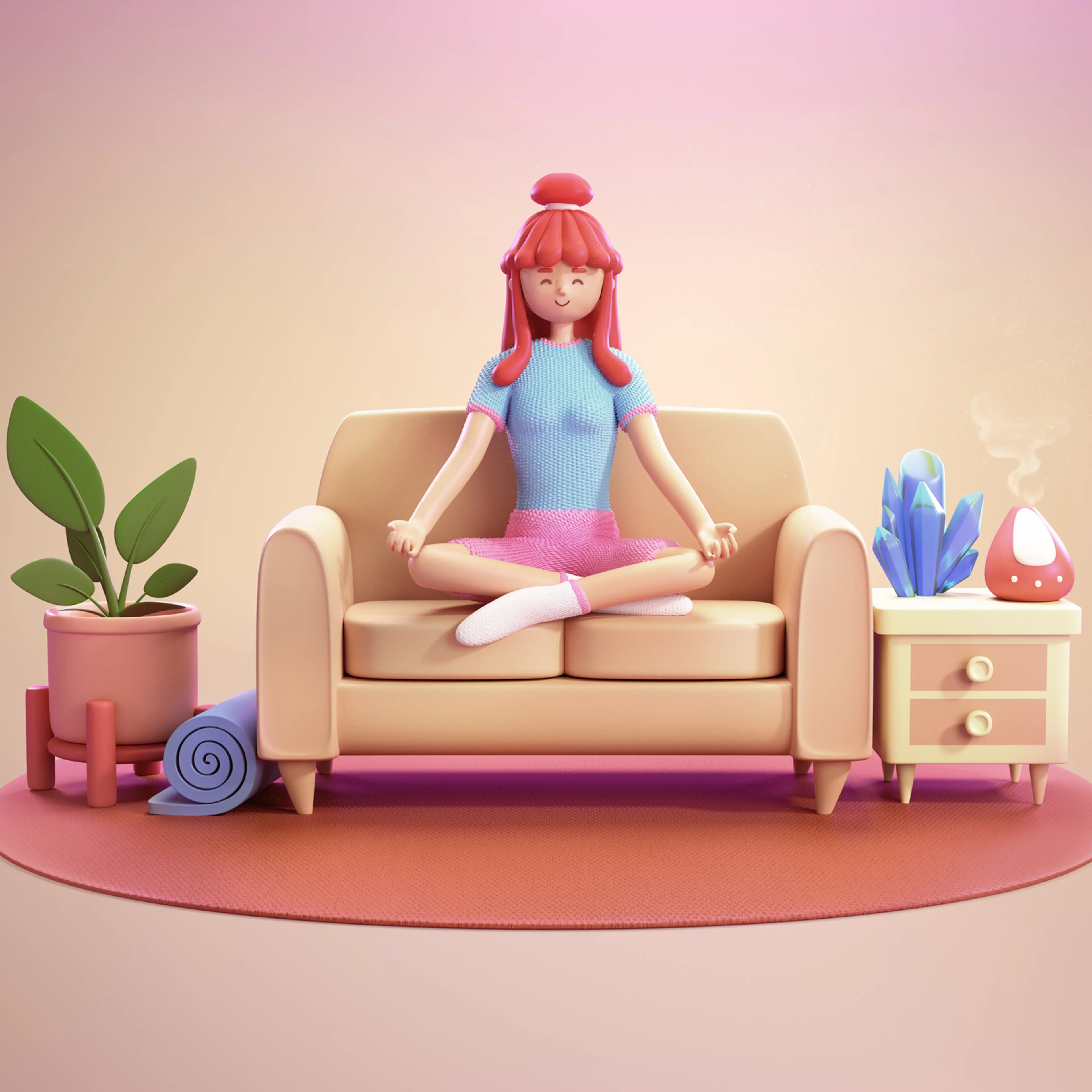 Girl meditating on sofa - cartoon home 3d illustration