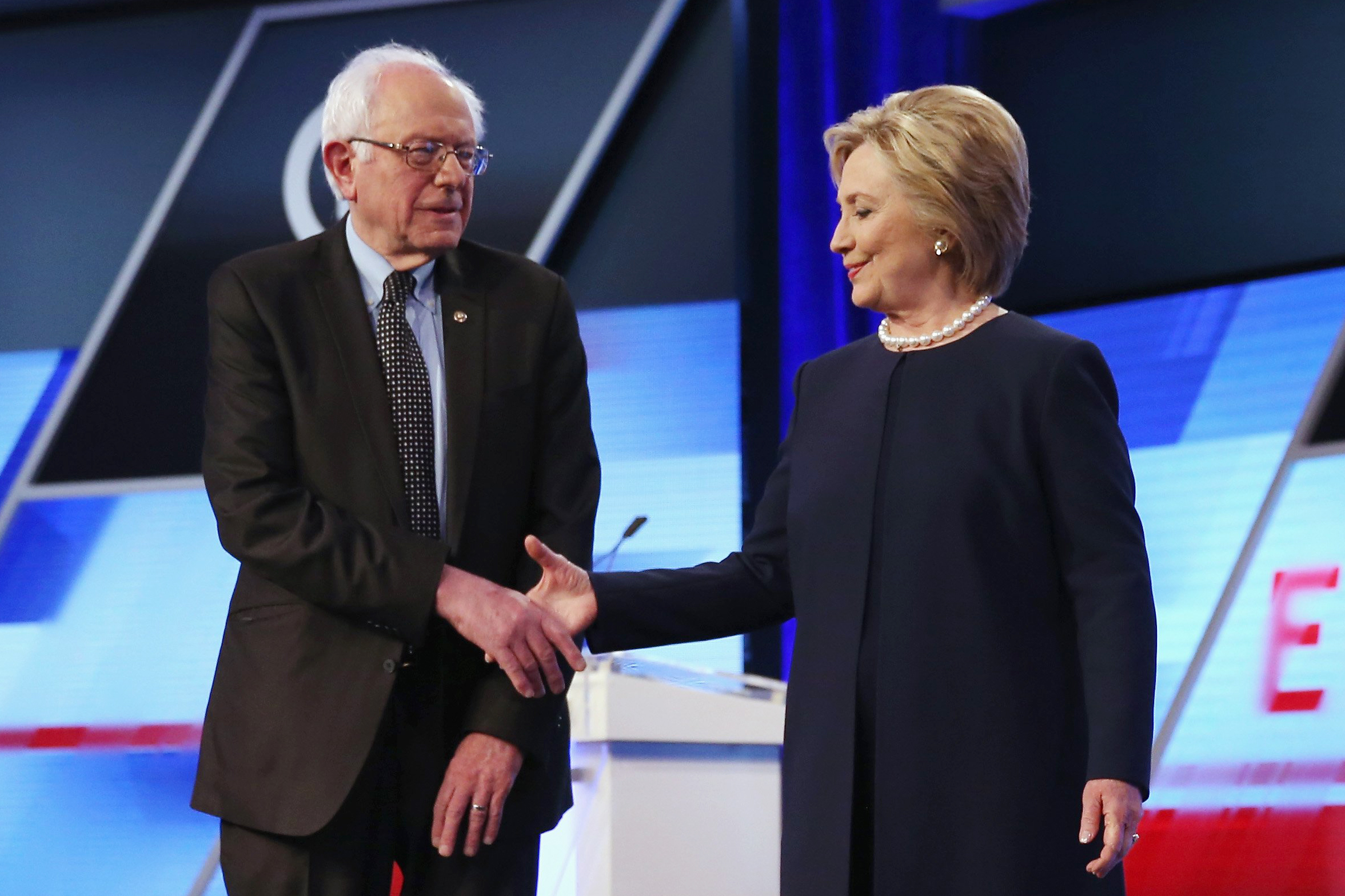 Democratic presidential candidates, Former Secretary of State Hillary Clinton and Vermont Sen. Bernie Sanders participate in a debate in Kendall, Fla. on March 9, 2016.