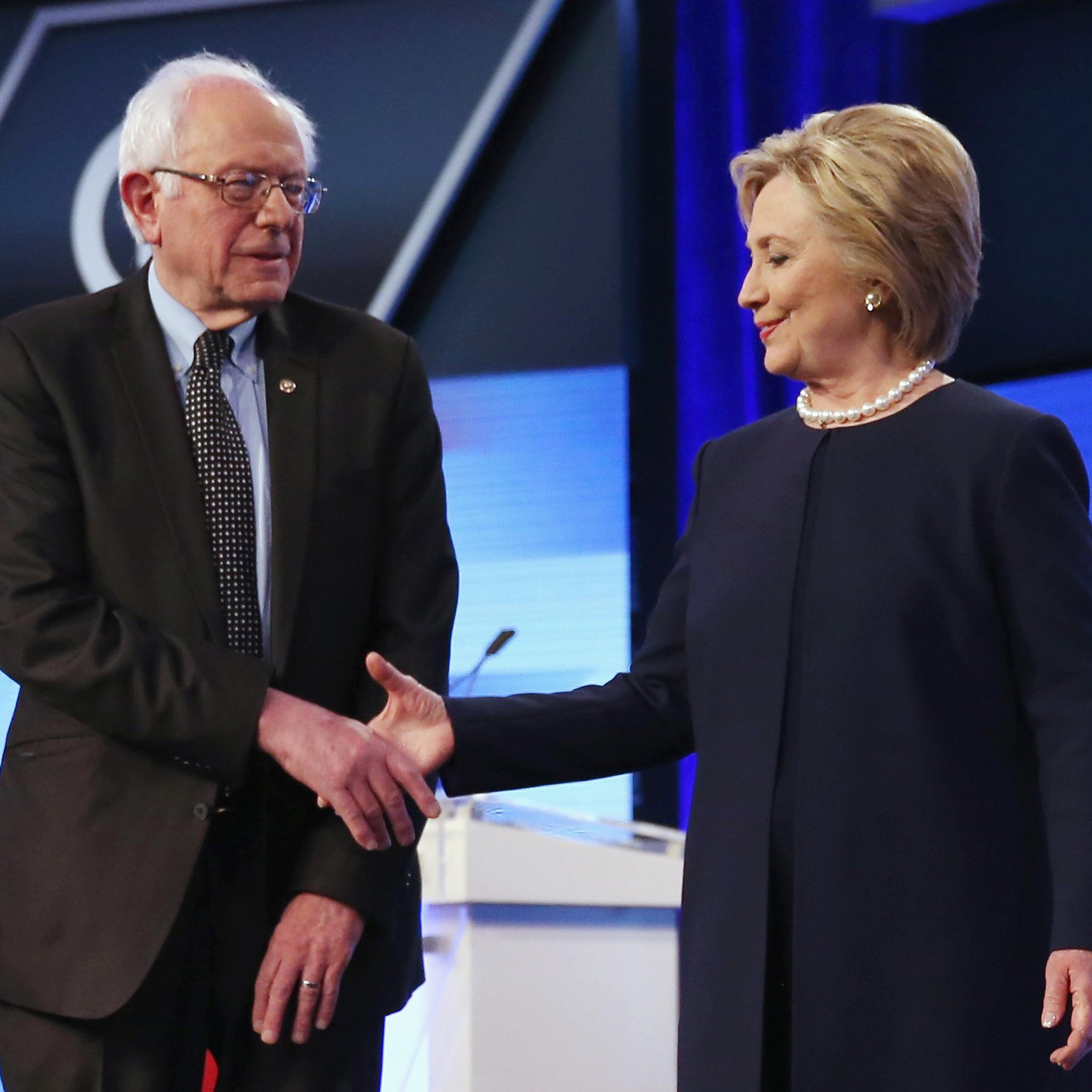 Democratic presidential candidates, Former Secretary of State Hillary Clinton and Vermont Sen. Bernie Sanders participate in a debate in Kendall, Fla. on March 9, 2016.