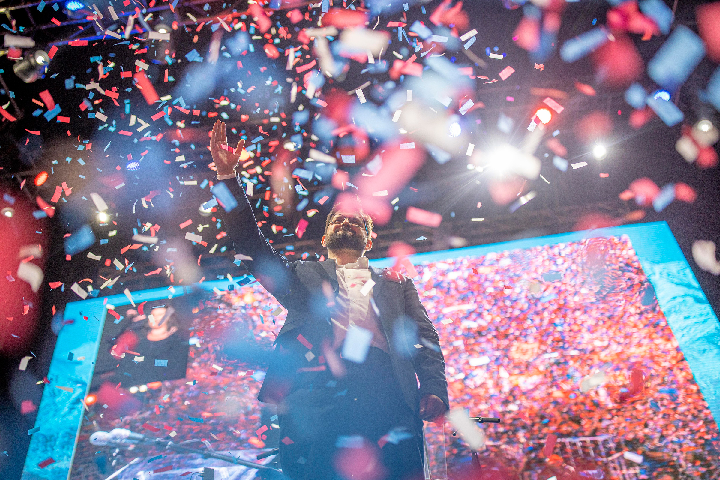 Boric celebrates his victory with supporters on election night, Dec. 19