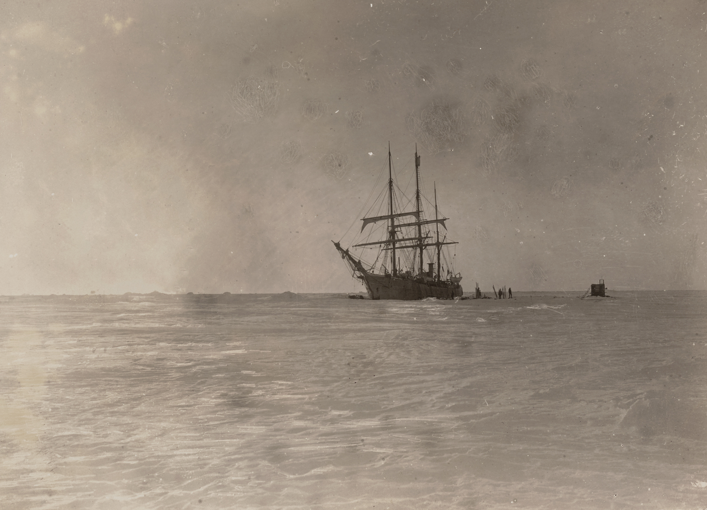 The Belgica, stuck fast in the pack ice of Antarctica's Bellingshausen sea, in 1898. Library of Congress. Frederick A. Cook Society.
