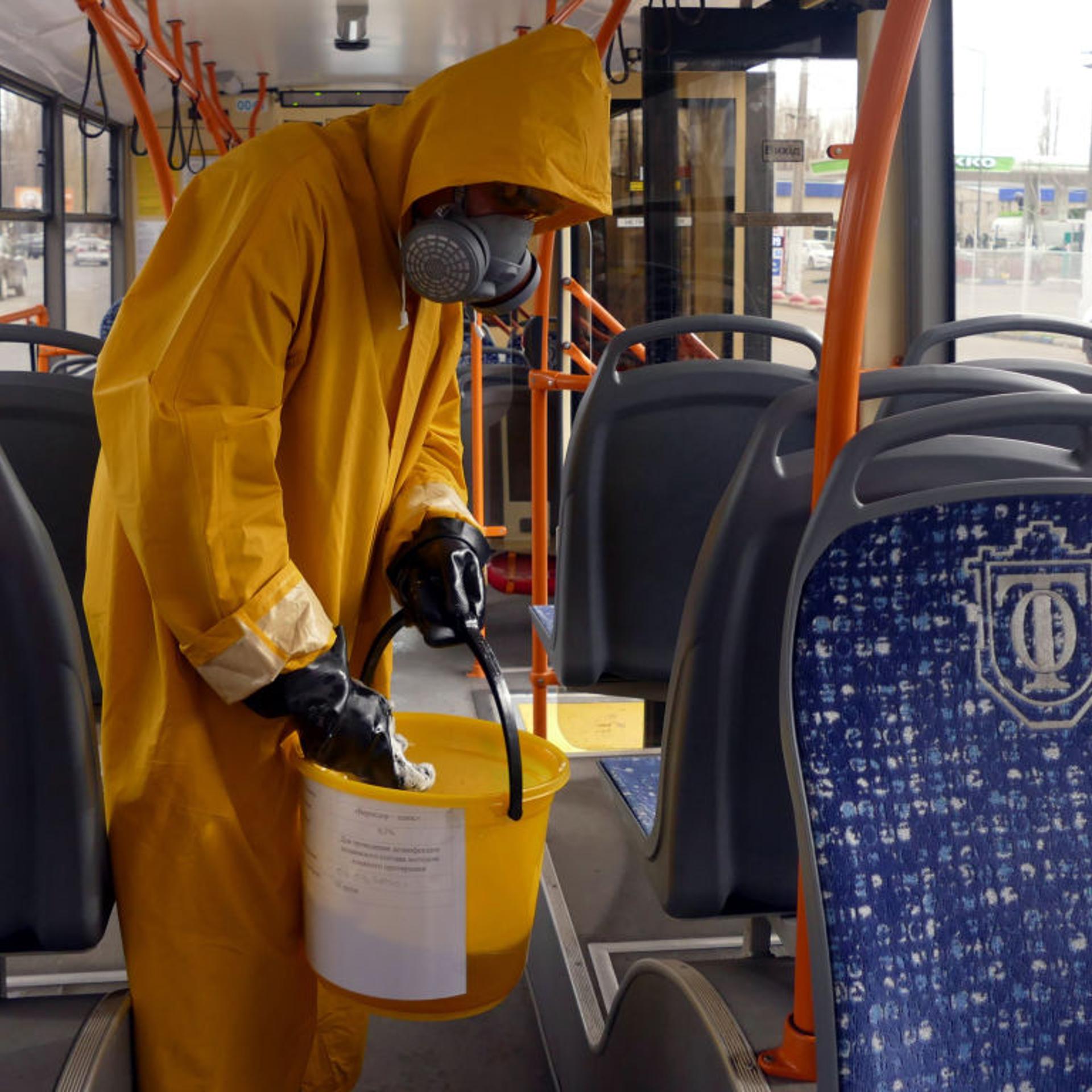 Disinfection of public transport in Odessa, Ukraine
