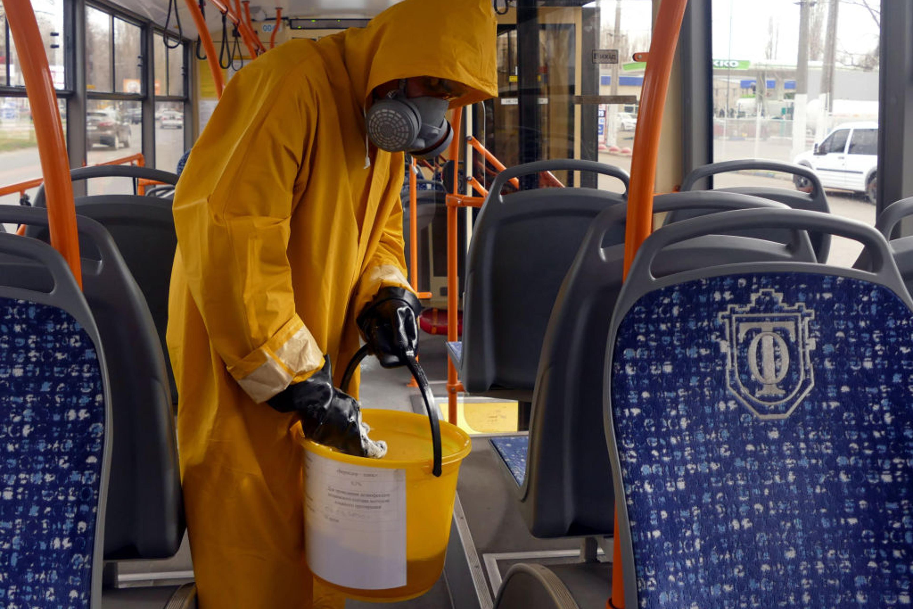 Disinfection of public transport in Odessa, Ukraine