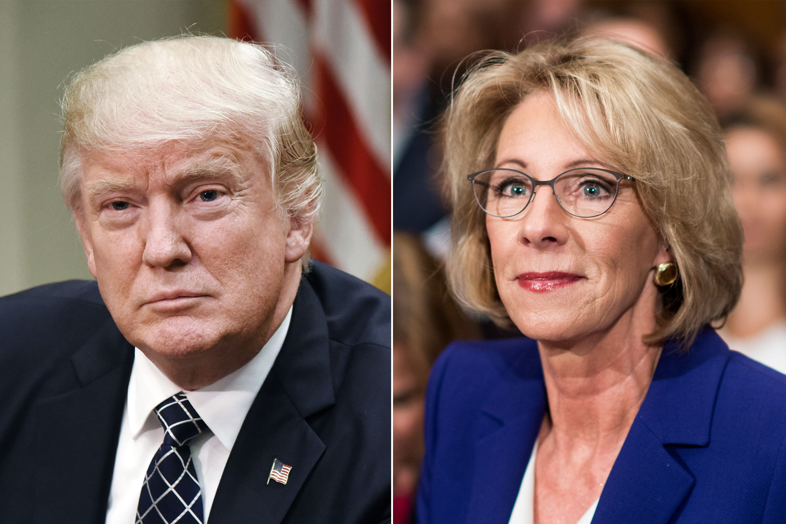 Donald Trump in Washington, DC, on April 25, 2017 (L); Betsy DeVos in Washington, DC, on Jan. 17, 2017. 