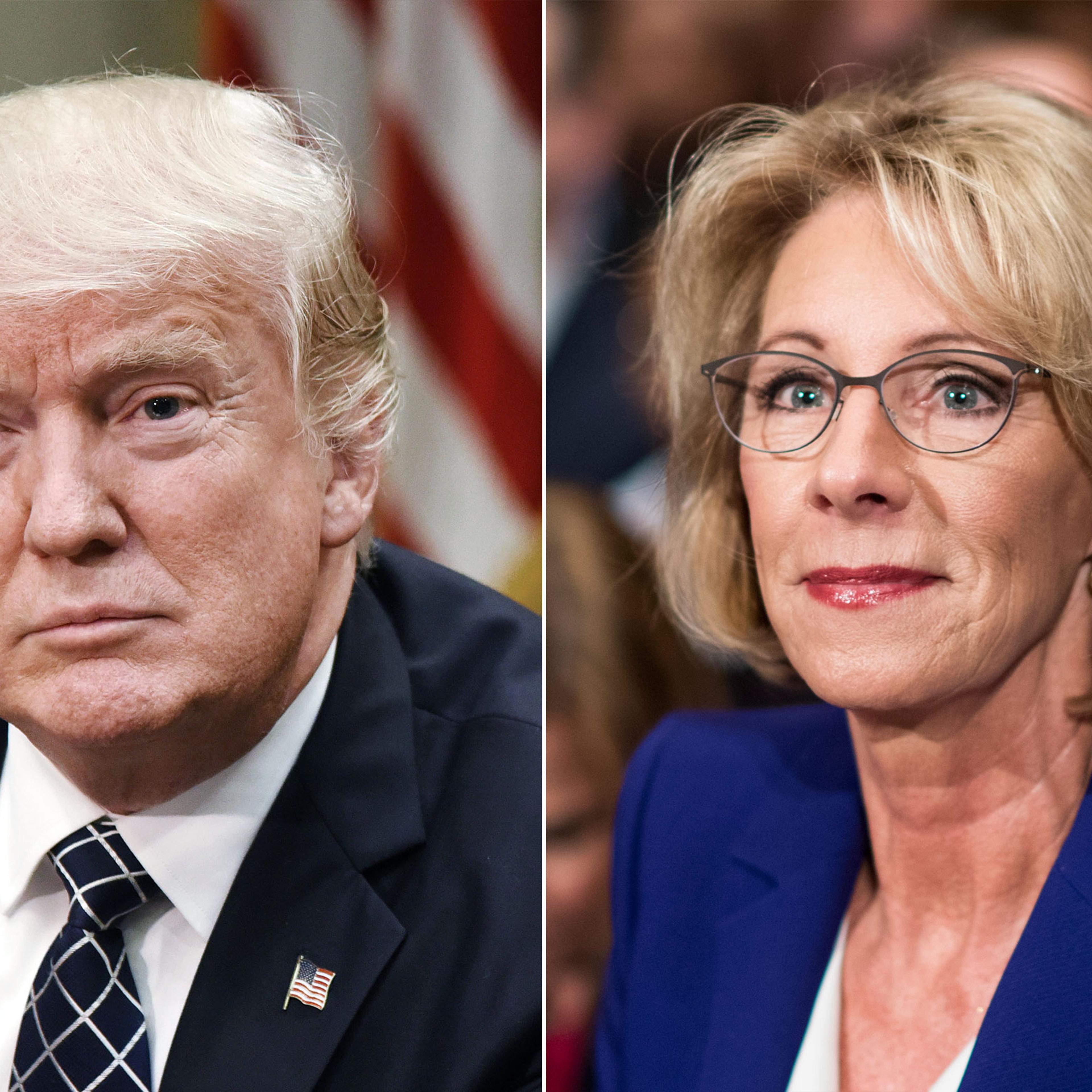 Donald Trump in Washington, DC, on April 25, 2017 (L); Betsy DeVos in Washington, DC, on Jan. 17, 2017.
