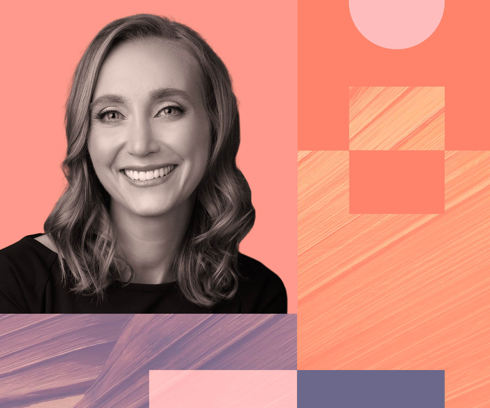 Collage with bright, warm colors featuring a black and white image of Jess Calarco, a smiling white woman. .