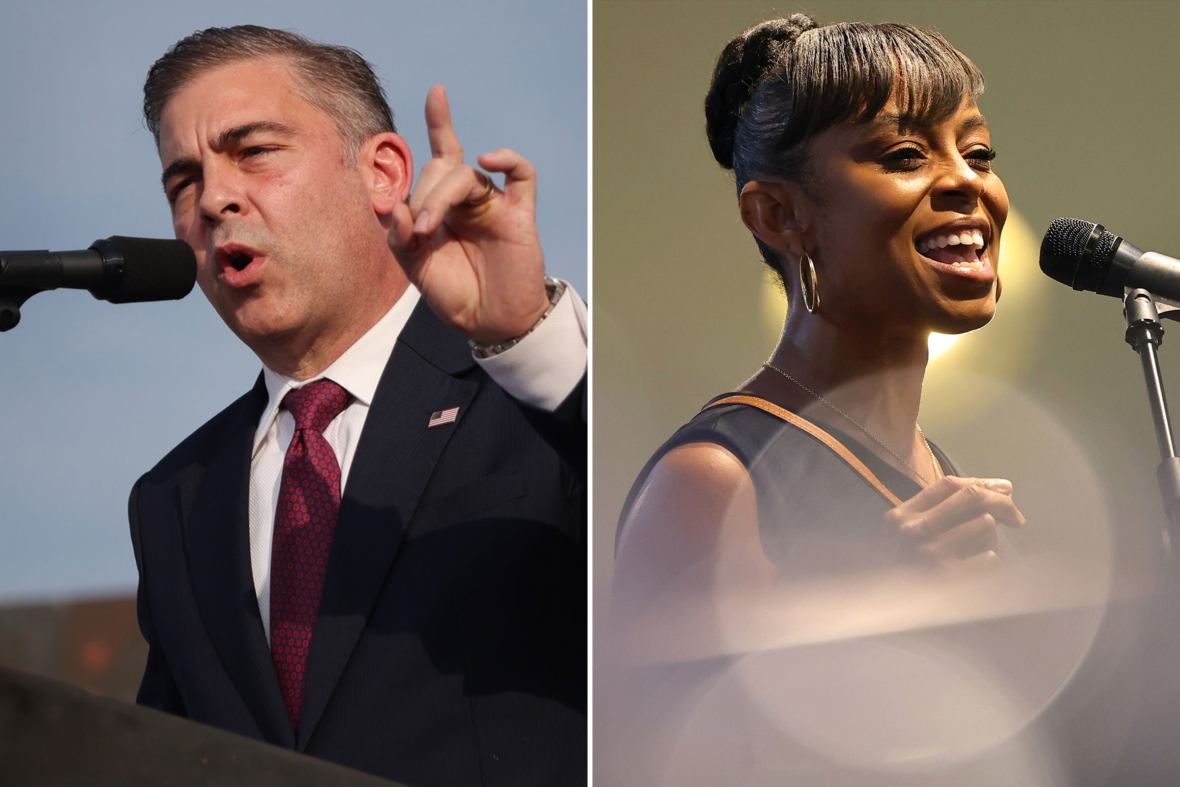 Mike Carey speaks at a rally hosted by former President Donald Trump after receiving his endorsement on June 26, 2021 in Wellington, Ohio; Shontel Brown speaks during a Souls to the Polls rally at Sanctuary Baptist Church on Aug. 1, 2021 in Cleveland, Ohio