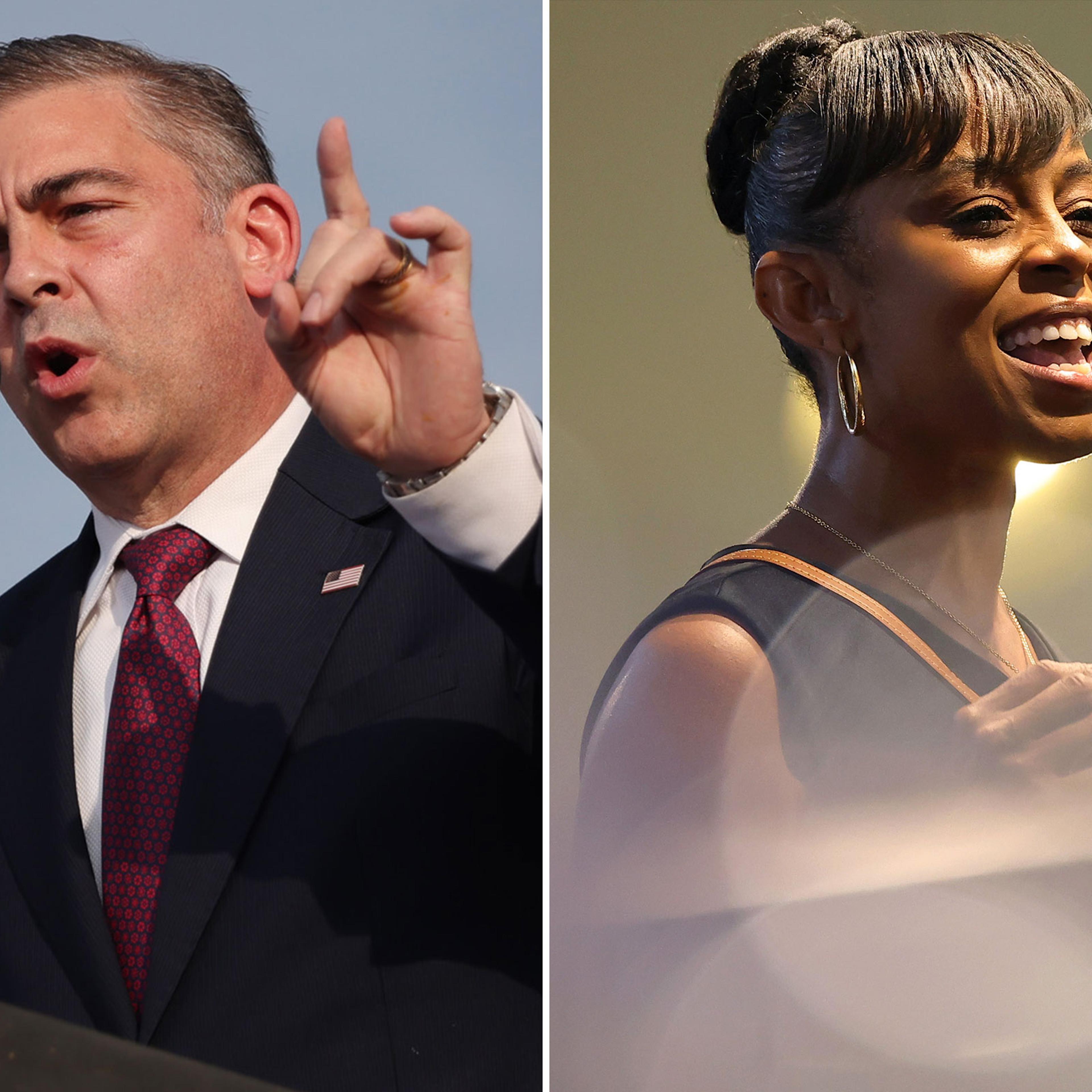 Mike Carey speaks at a rally hosted by former President Donald Trump after receiving his endorsement on June 26, 2021 in Wellington, Ohio; Shontel Brown speaks during a Souls to the Polls rally at Sanctuary Baptist Church on Aug. 1, 2021 in Cleveland, Ohio