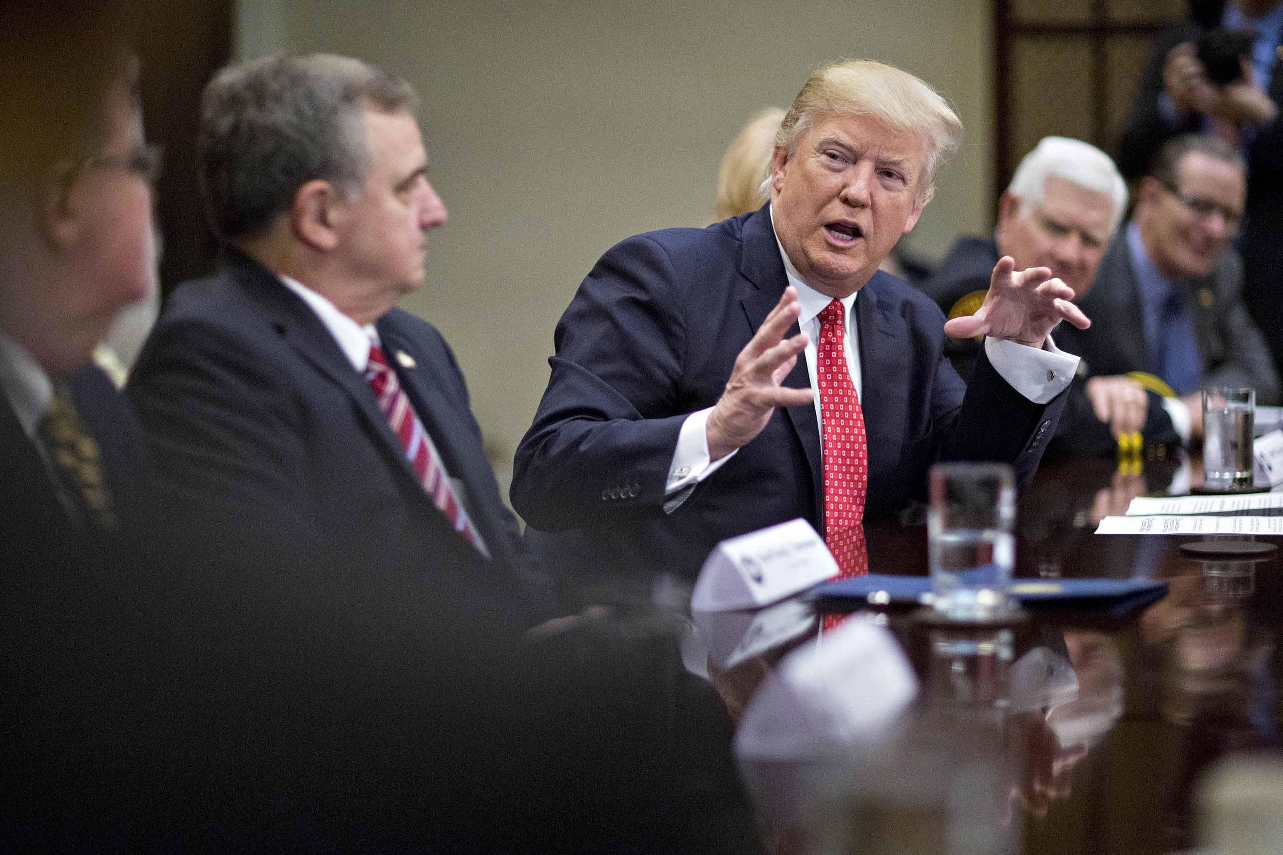 President Donald Trump speaks as he meets with county sheriffs during a listening session in the Roosevelt Room of the White House in Washington, on Feb. 7, 2017.