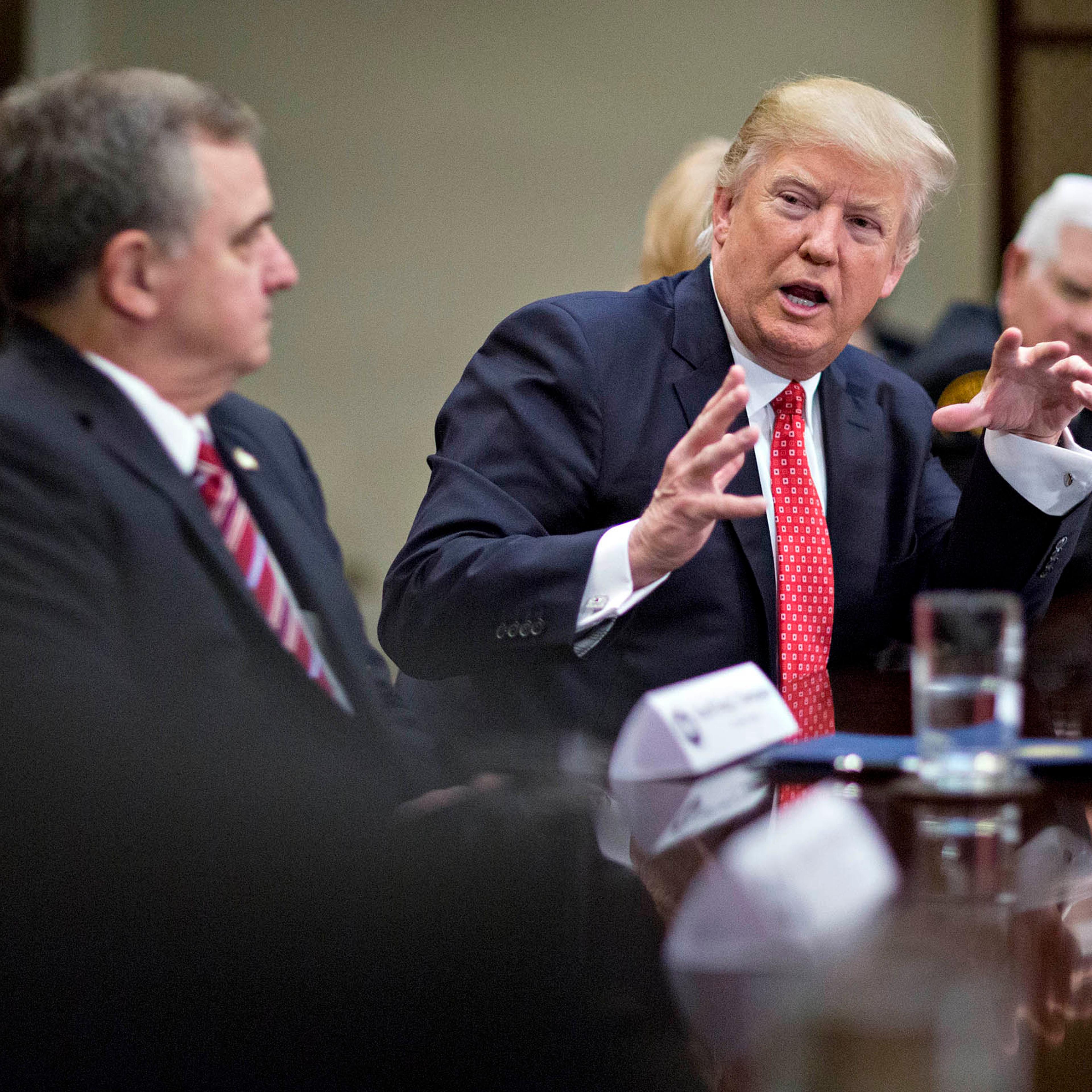 President Donald Trump speaks as he meets with county sheriffs during a listening session in the Roosevelt Room of the White House in Washington, on Feb. 7, 2017.