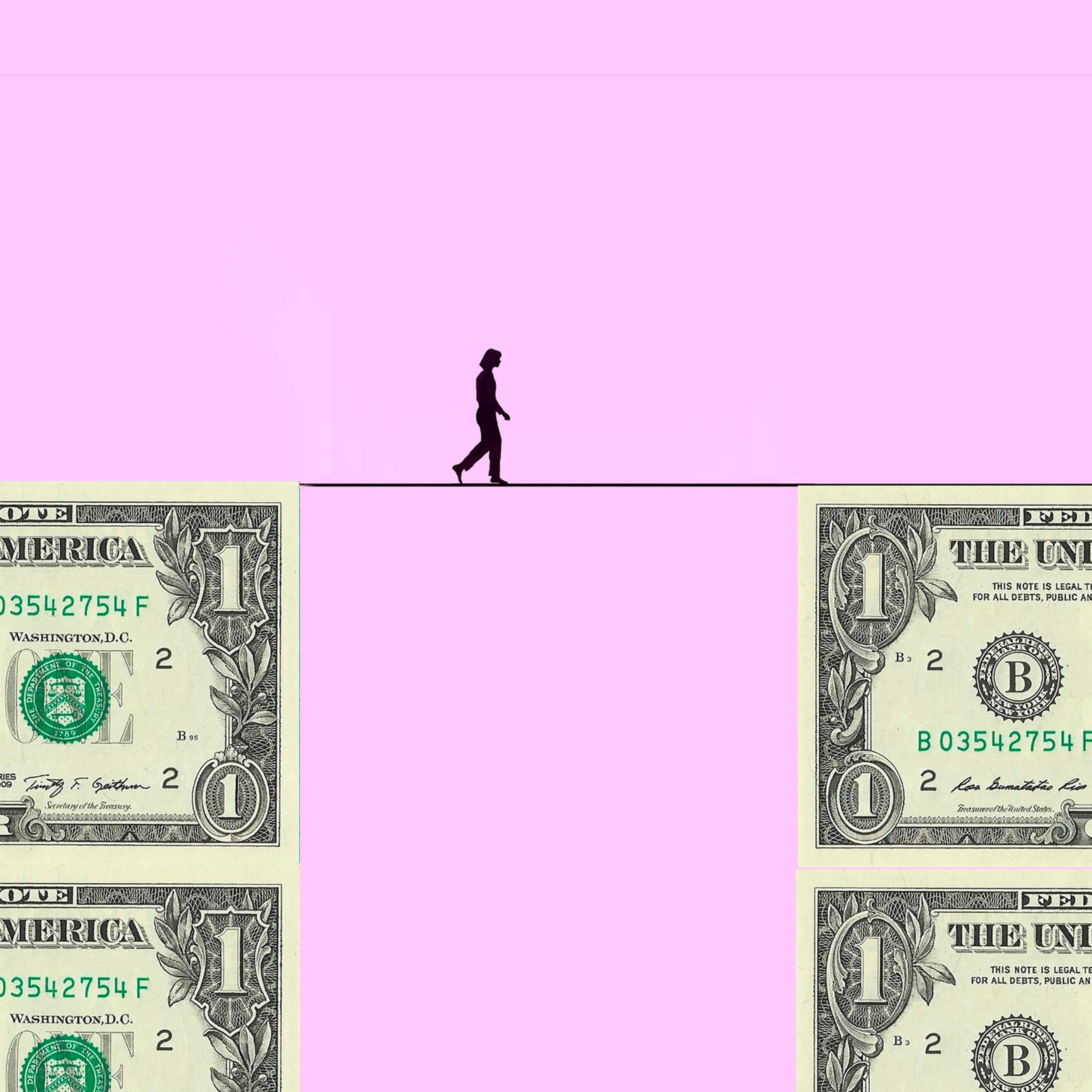 Silhouette of woman walking tightrope between two blocks made of one dollar bills