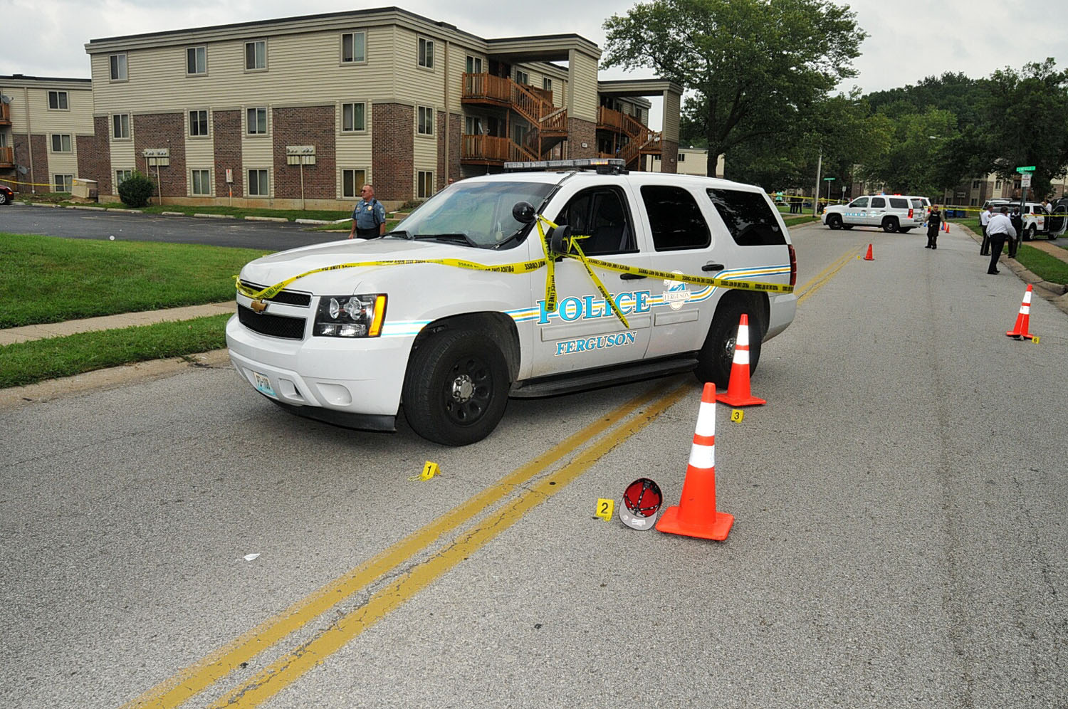 An undated evidence photograph made available by the St. Louis County prosecutors office on Nov. 25, 2014 shows Ferguson Police officer Darren Wilson's vehicle at the scene of the confrontation.