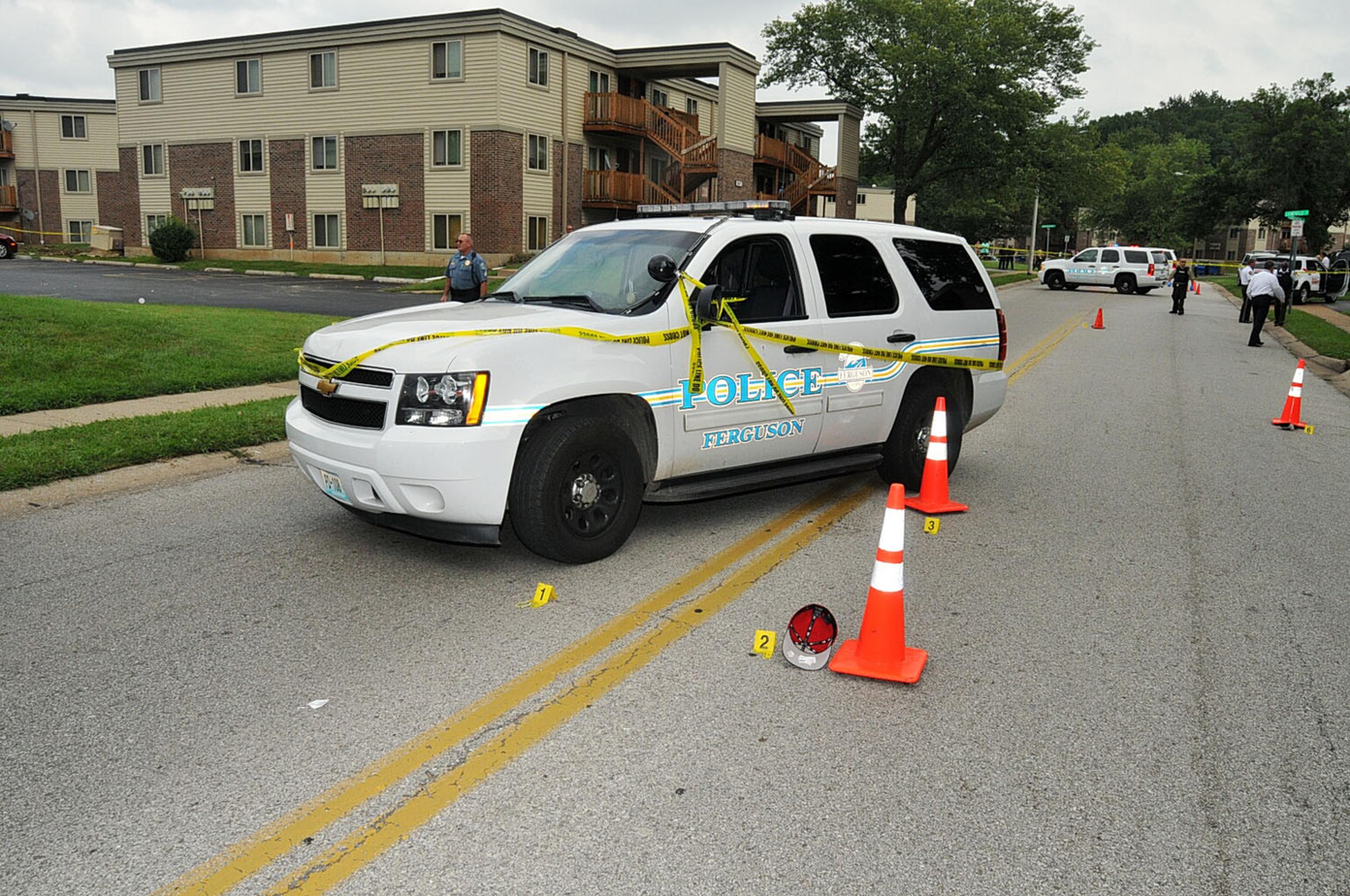 An undated evidence photograph made available by the St. Louis County prosecutors office on Nov. 25, 2014 shows Ferguson Police officer Darren Wilson's vehicle at the scene of the confrontation.