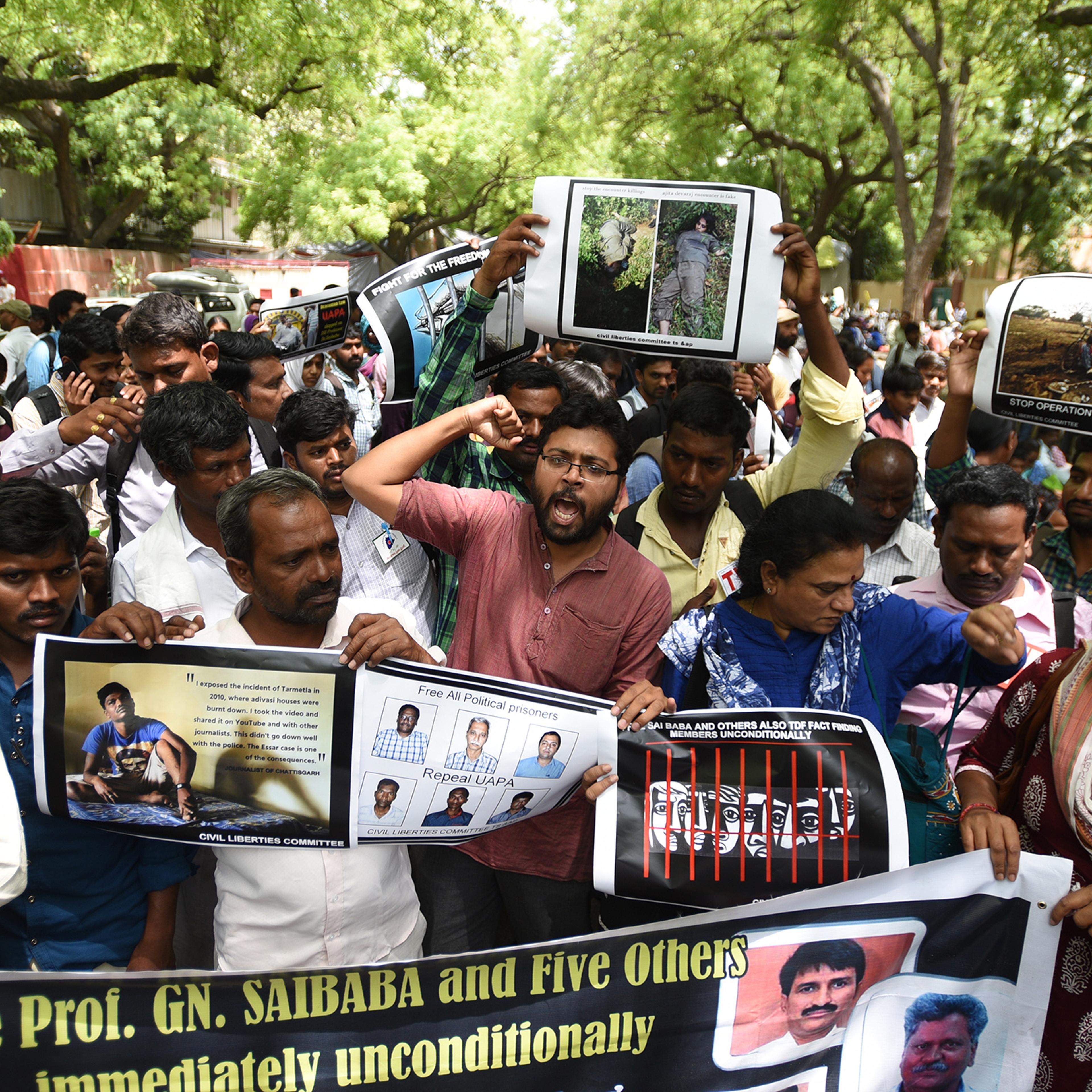 CDRO activists during the protest march for demanding release of Professor G.N. Saibaba and five others sentenced to life imprisonment in Nagpur prison on April 30, 2017 in New Delhi, India.