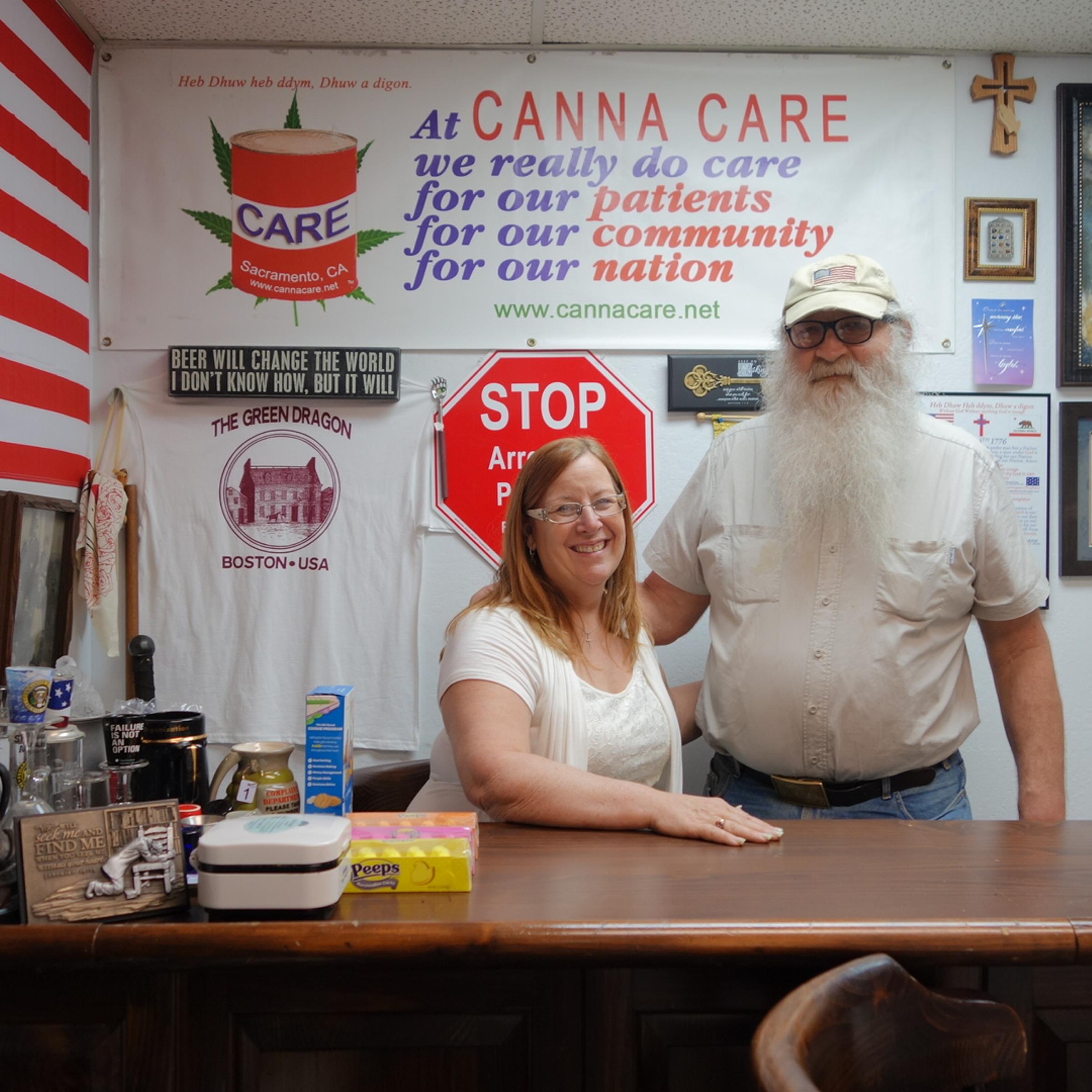 Bryan and Lanette Davies pose for a portrait at their "Christian-based" medical marijuana dispensary in Sacramento in February 2014.