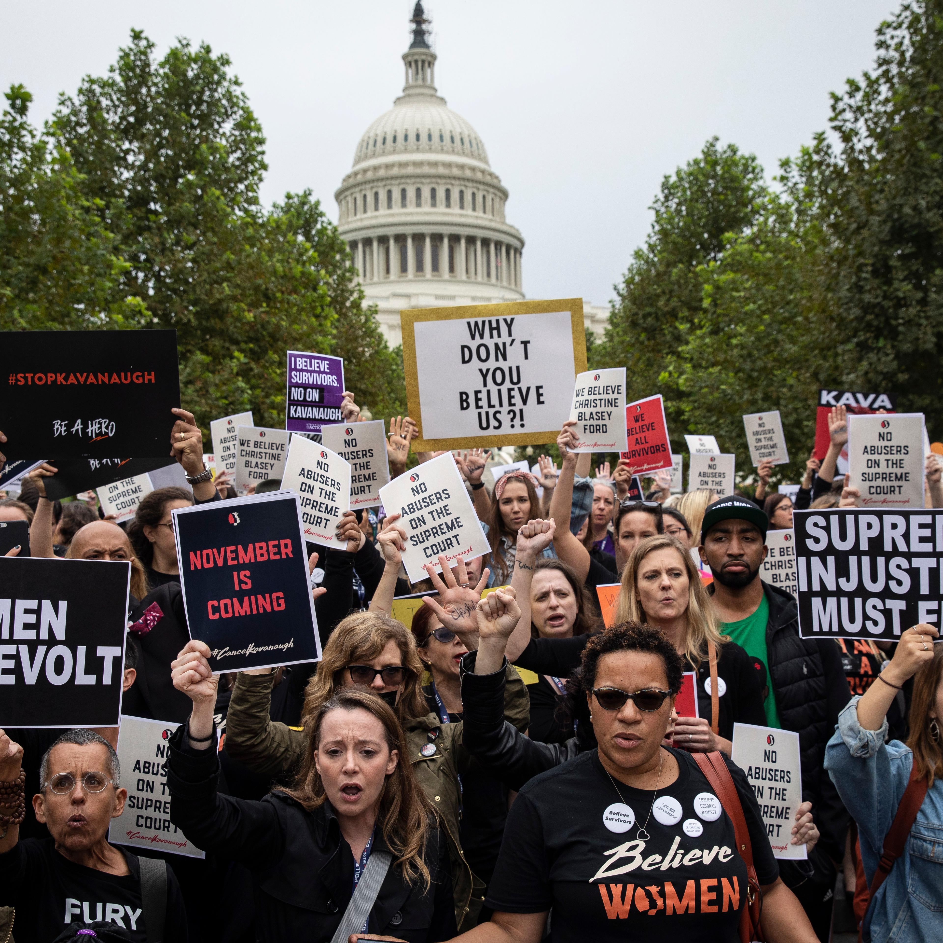 Protesters Demonstrate Against Supreme Court Nominee Brett Kavanaugh On Day Of Hearing With His Accuser Dr. Christine Blasey Ford