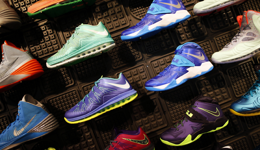 Shoes are displayed in the Nike store in Santa Monica