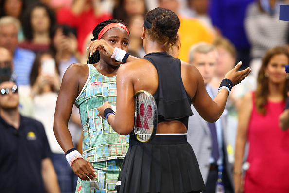 Coco Gauff of the United States and Naomi Osaka of Japan speak following their Women's Singles third round match on day six of the 2019 US Open at the USTA Billie Jean King National Tennis Center in New York City on August 31, 2019.