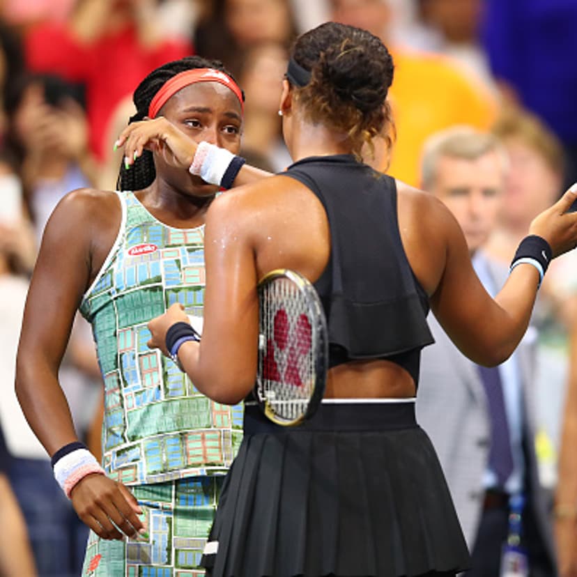 Coco Gauff of the United States and Naomi Osaka of Japan speak following their Women's Singles third round match on day six of the 2019 US Open at the USTA Billie Jean King National Tennis Center in New York City on August 31, 2019.