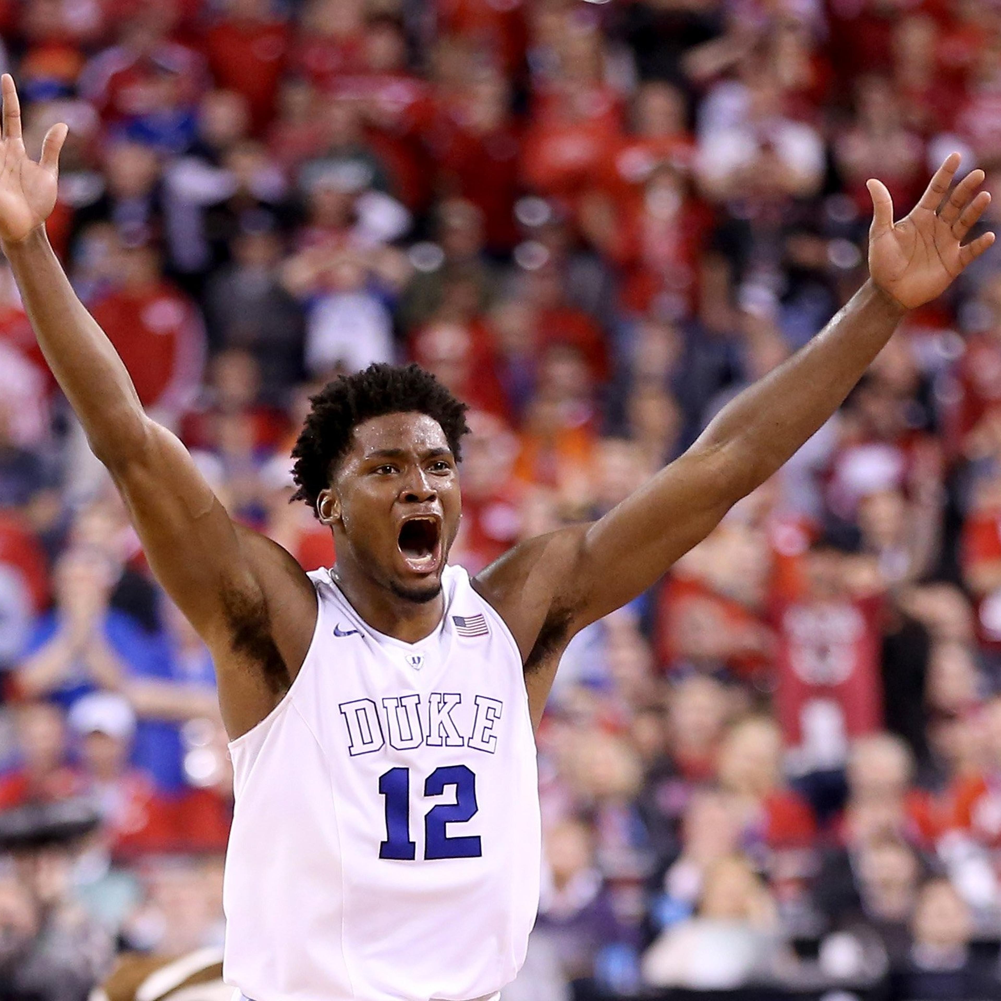 Justise Winslow of the Duke Blue Devils celebrates after defeating the Wisconsin Badgers during the NCAA Men's Final Four National Championship at Lucas Oil Stadium on April 6, 2015 in Indianapolis.