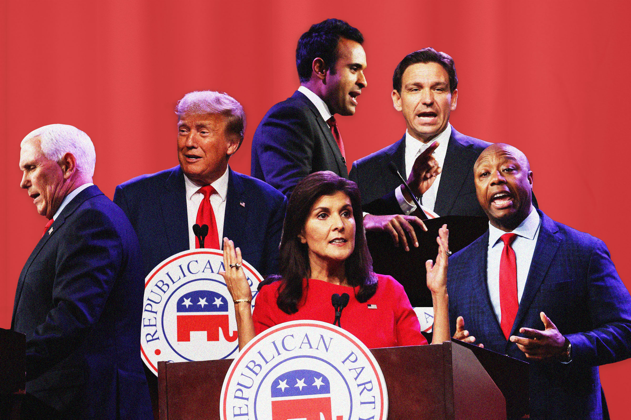 Mike Pence, Donald Trump, Vivek Ramaswamy, Nikki Haley, and Tim Scott