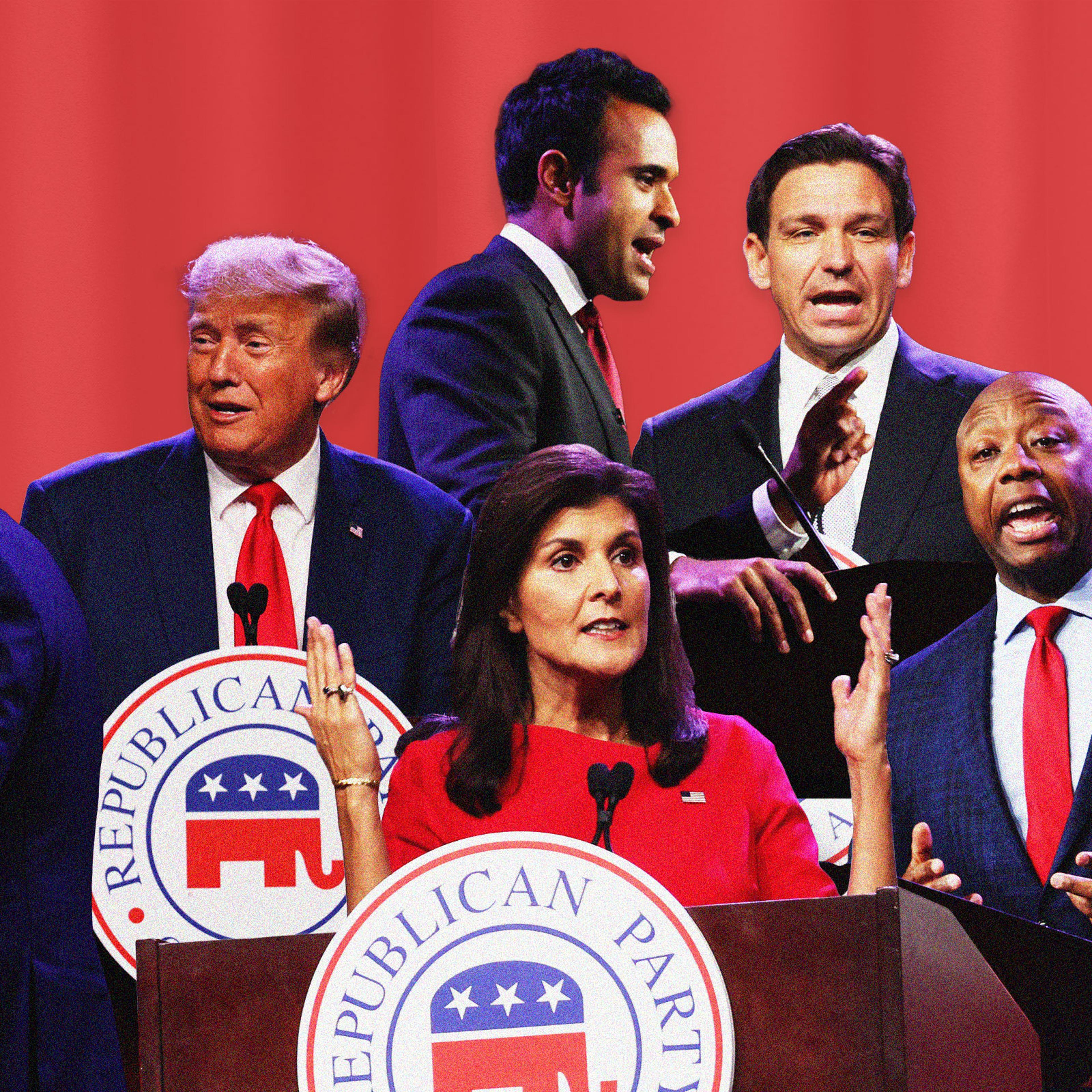 Mike Pence, Donald Trump, Vivek Ramaswamy, Nikki Haley, and Tim Scott