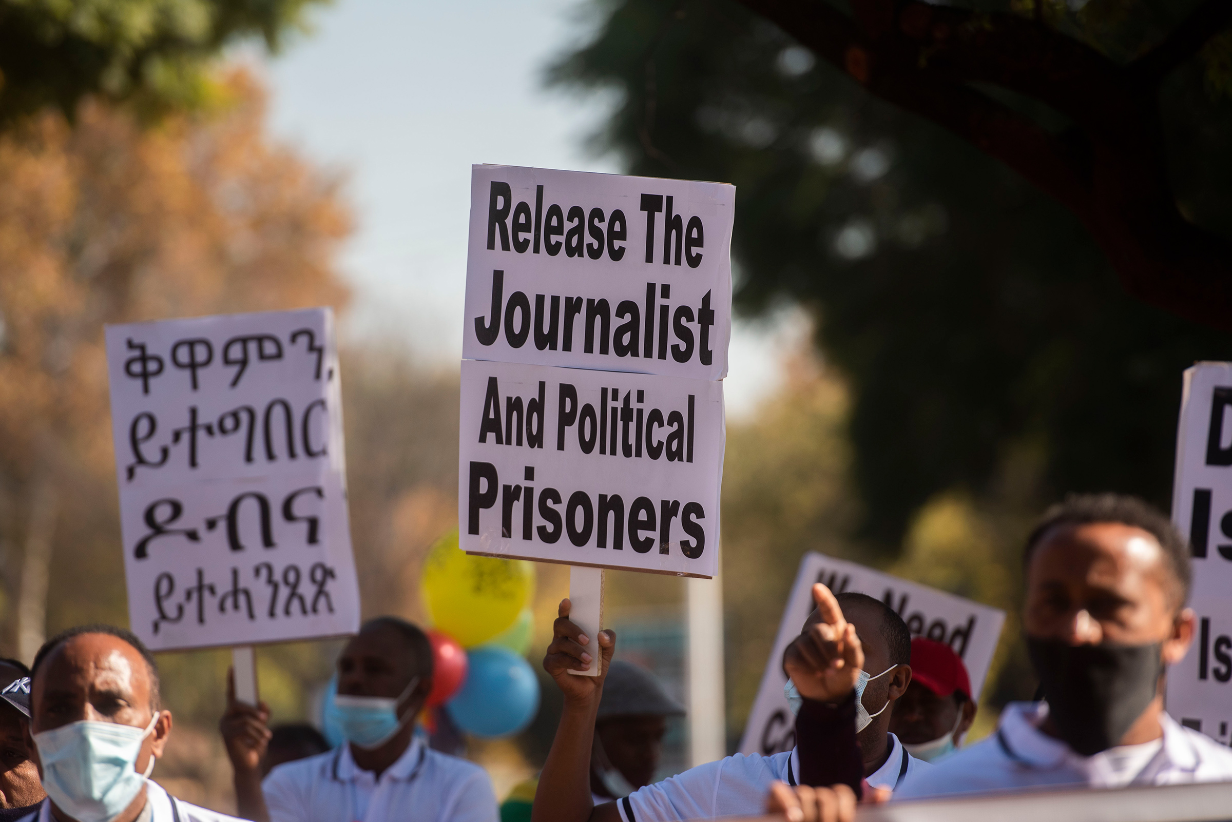 Protestors call for Eritrean soldiers to withdraw from Tigray and the release of journalists and political prisoners outside the Eritrean Embassy in Pretoria, South Africa, on May 28, 2021.