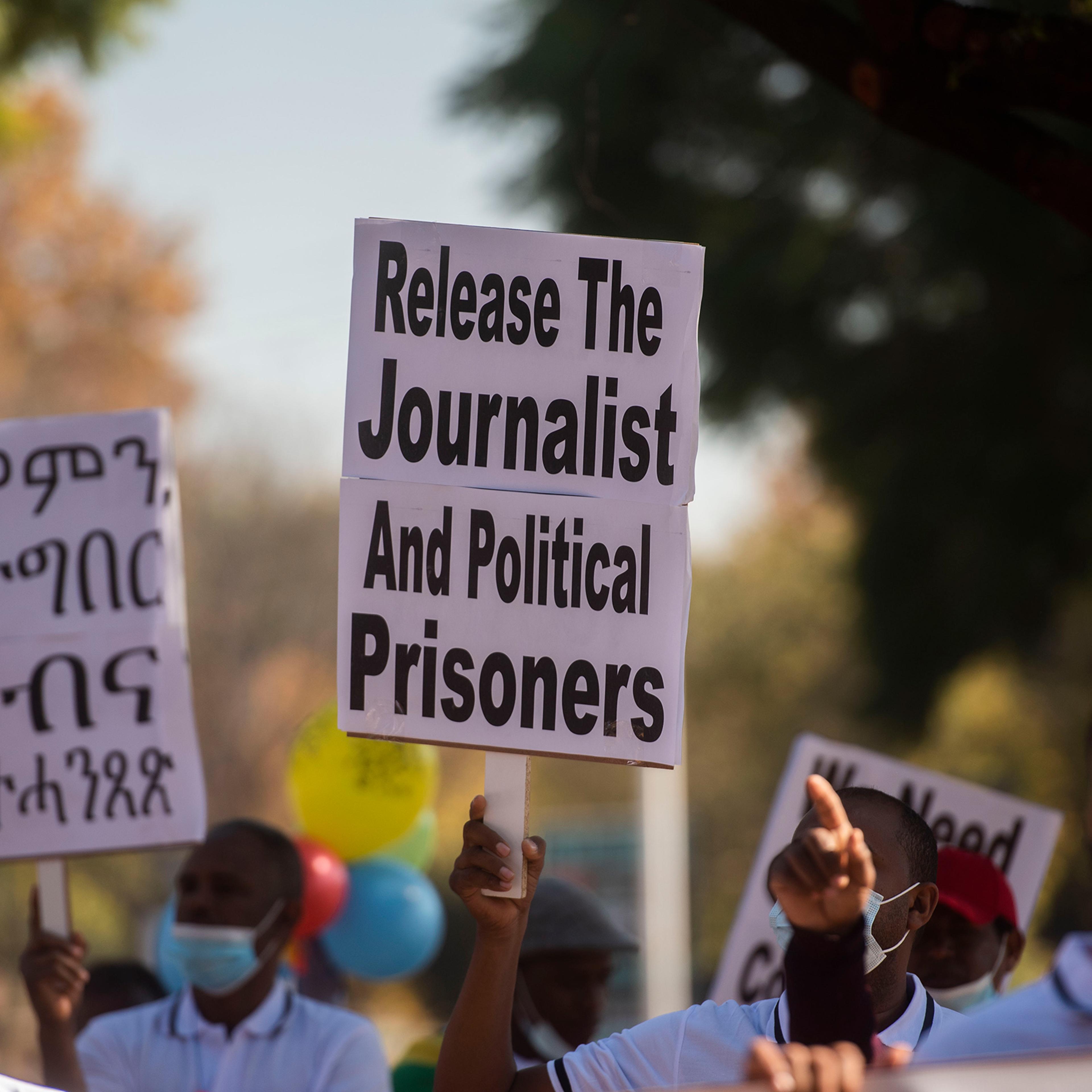 Protestors call for Eritrean soldiers to withdraw from Tigray and the release of journalists and political prisoners outside the Eritrean Embassy in Pretoria, South Africa, on May 28, 2021.
