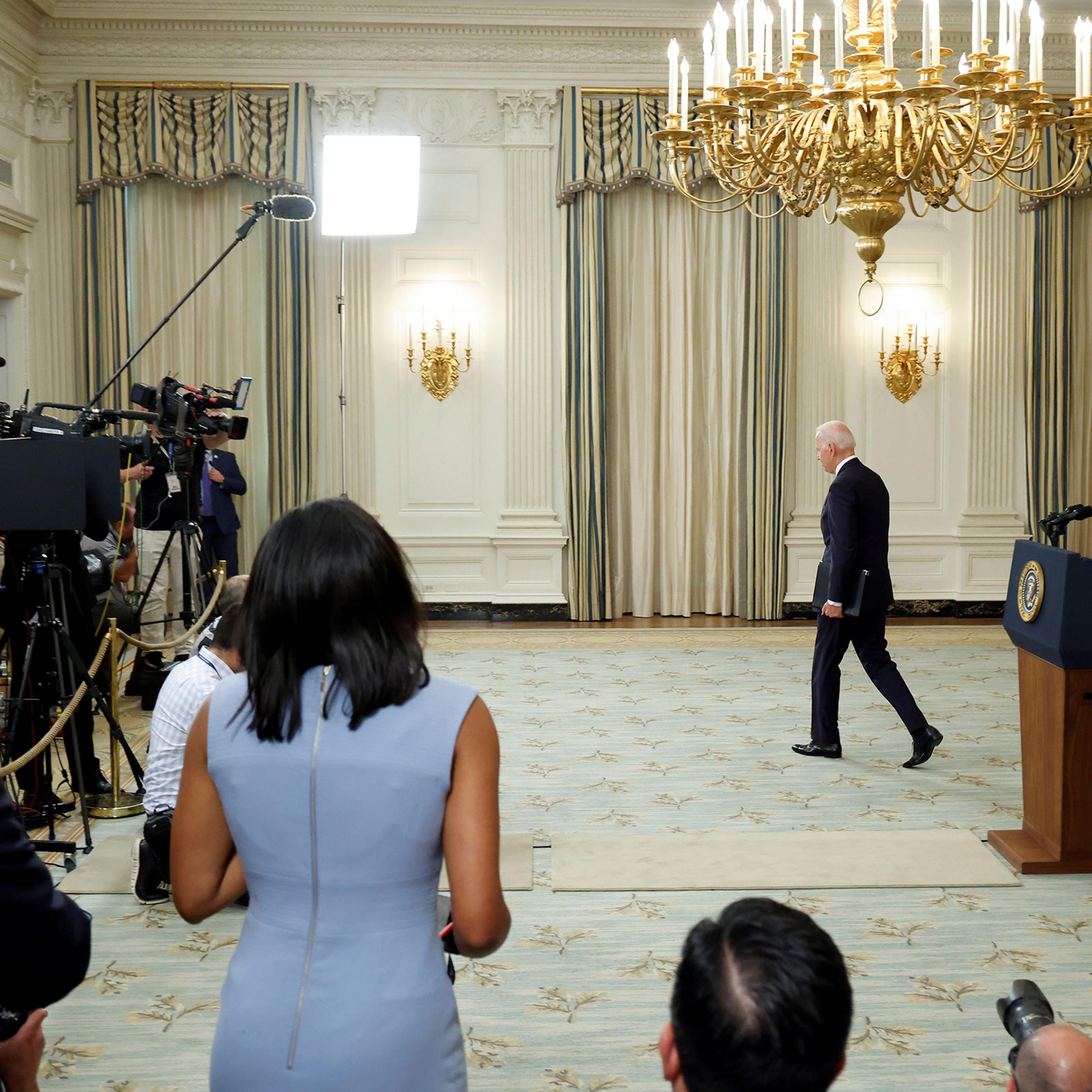 U.S. President Joe Biden departs after delivering remarks on the economy at the White House in Washington