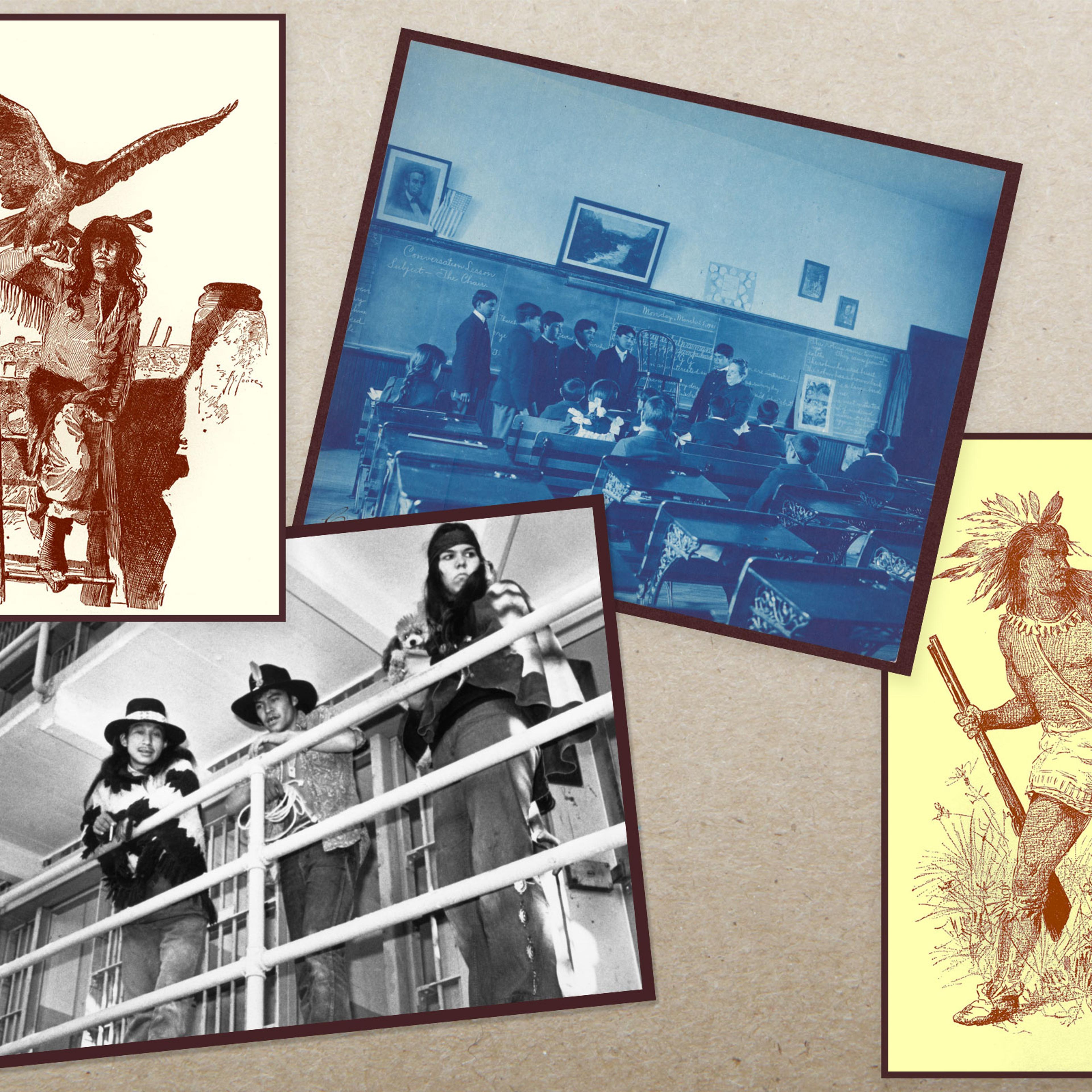 A collage of images showing A Pueblo boy with an eagle; Children at the Carlisle Indian Industrial School; Pontiac, Chief of the Odawa; Indian demonstrators inspect prison galleries in the main cell block on Alcatraz Island, 1969