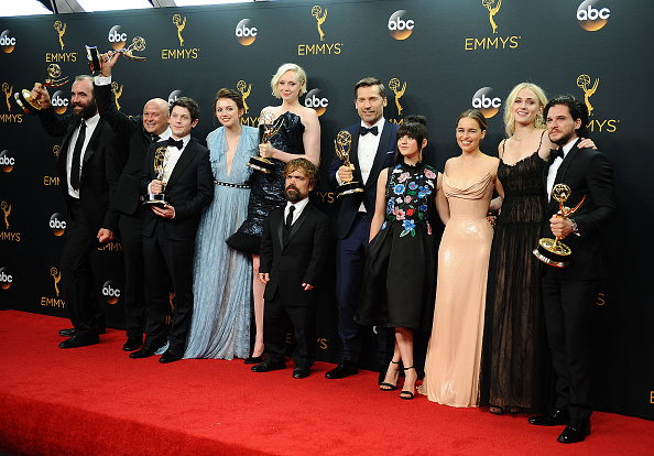 The cast of Game of Thrones poses in the press room at the 2016 Emmys