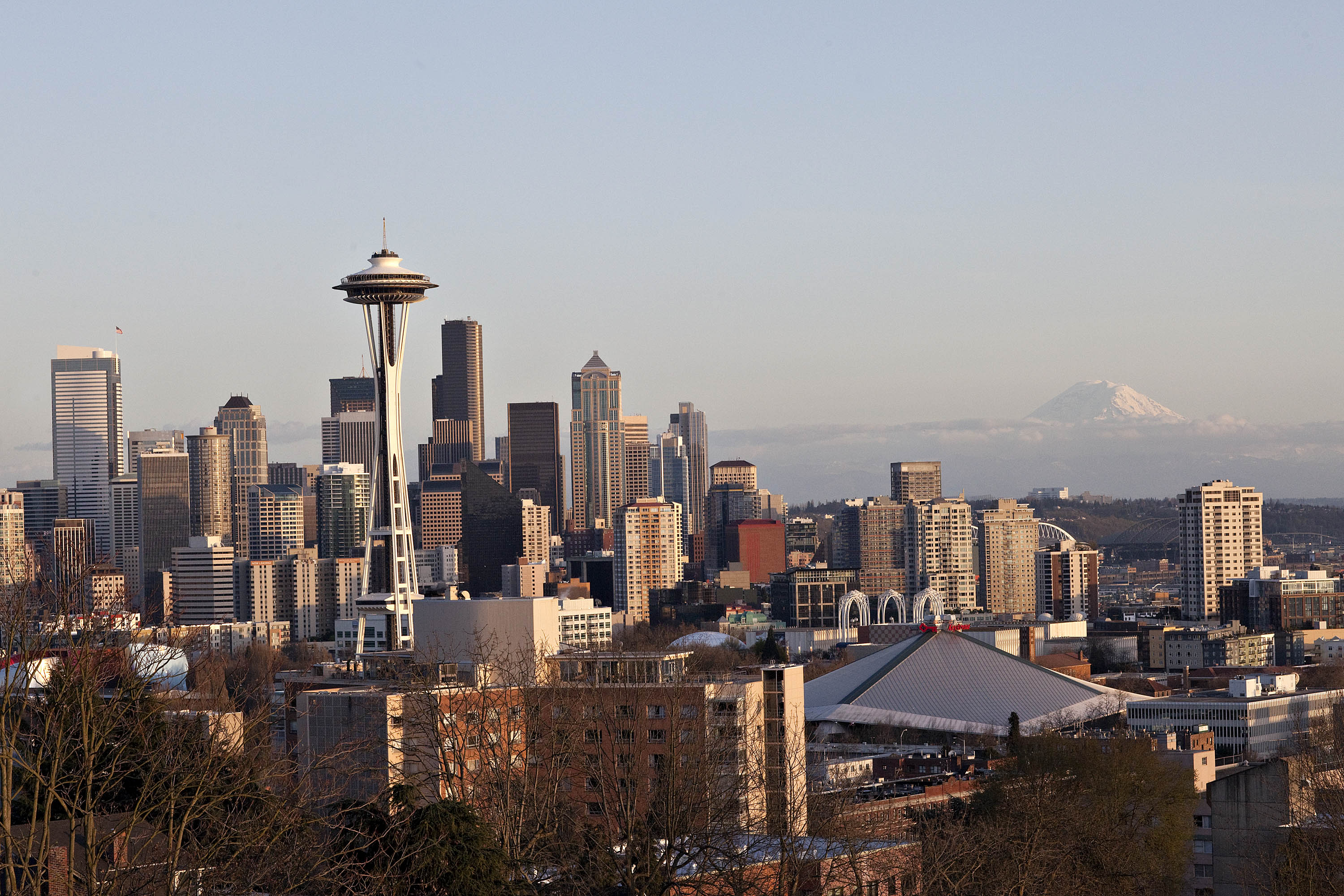 Buildings stand in the skyline of downtown Seattle, Washingt