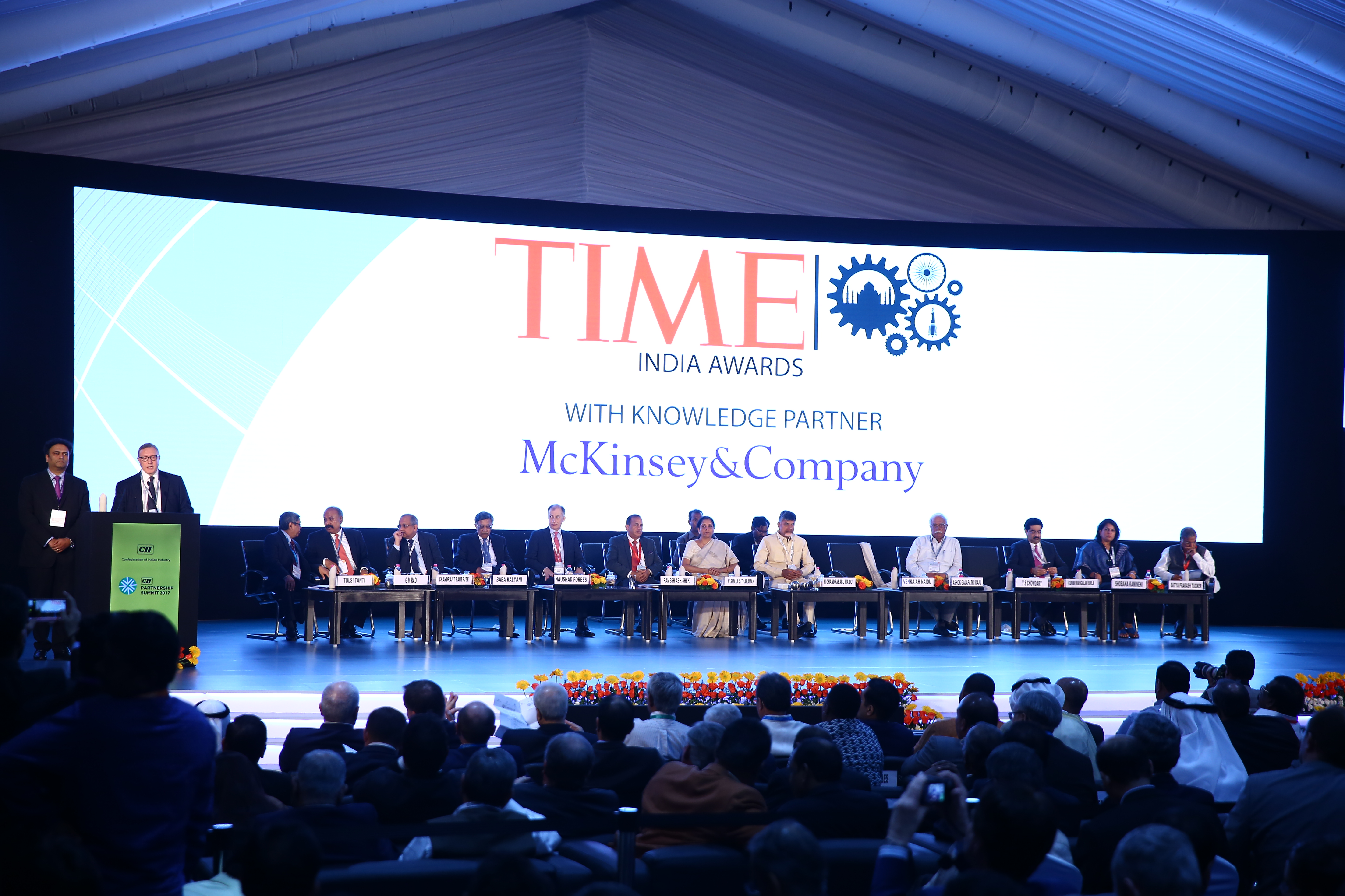 Time Inc.'s Norman Pearlstine and McKinsey &amp; Co.'s Rajat Dhawan present the 2017 Time India Awards