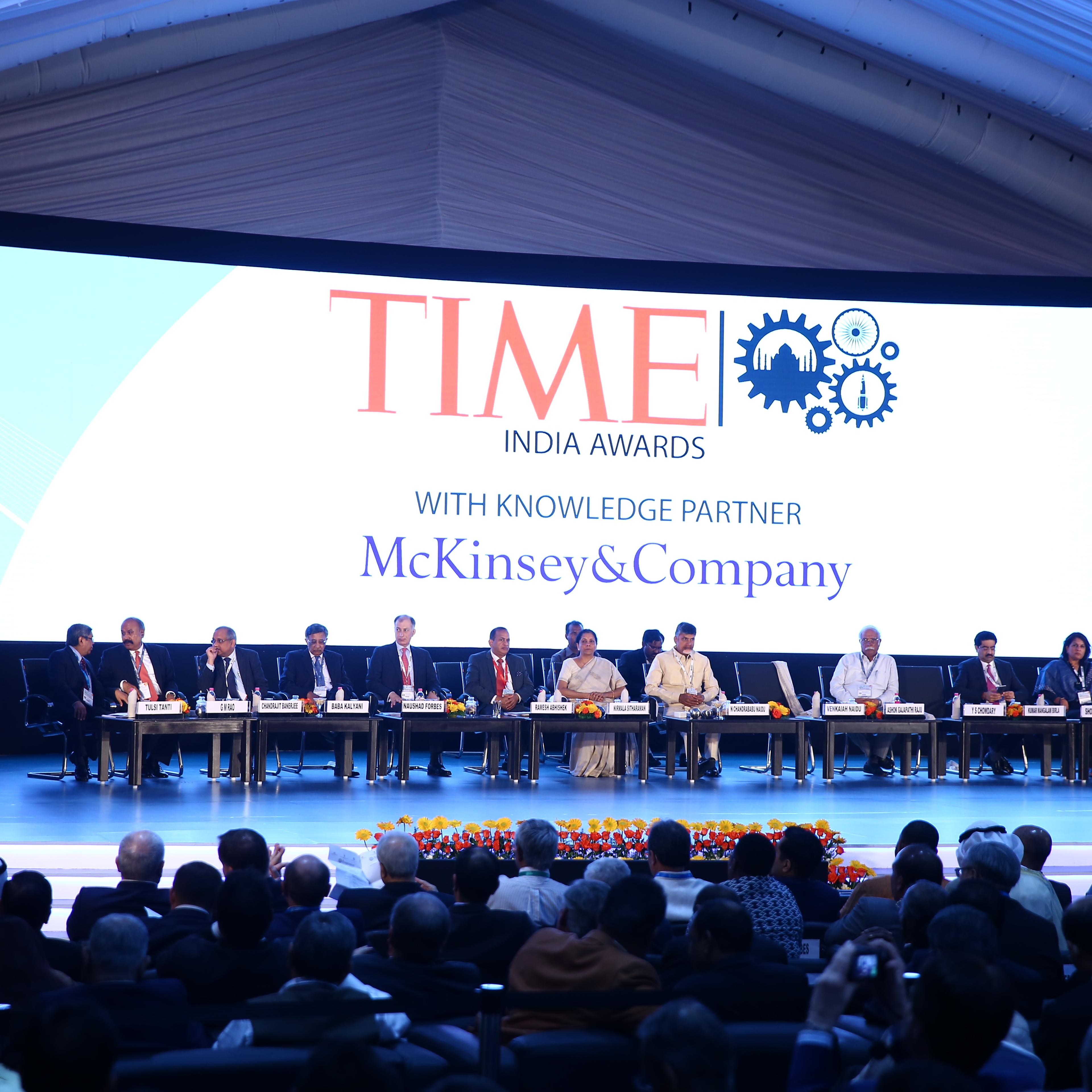 Time Inc.'s Norman Pearlstine and McKinsey & Co.'s Rajat Dhawan present the 2017 Time India Awards