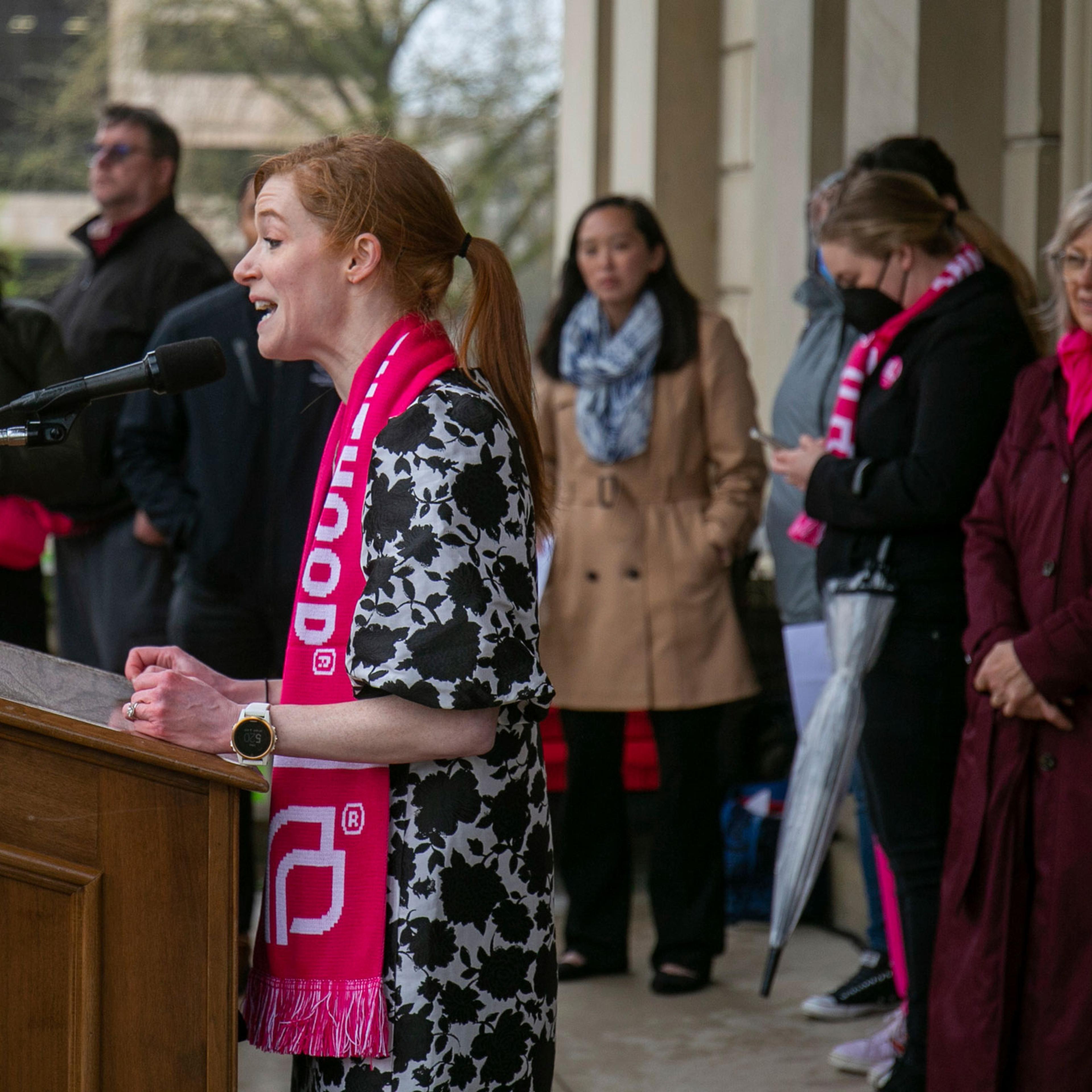Michigan State Senator Mallory McMorrow speaks at a rally organized by Planned Parenthood Michigan