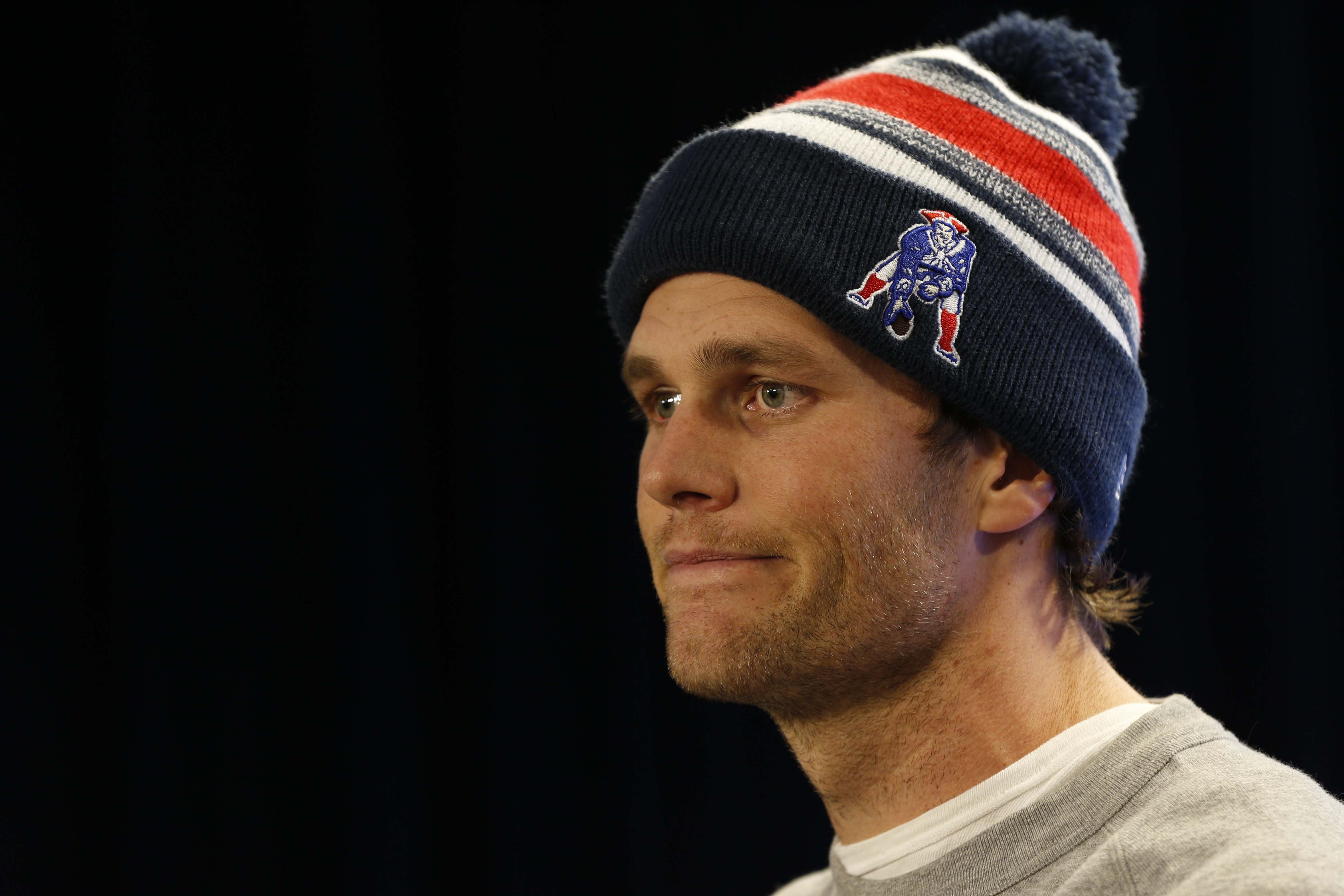 New England Patriots quarterback Tom Brady talks to the media at Gillette Stadium on Jan. 22, 2015.