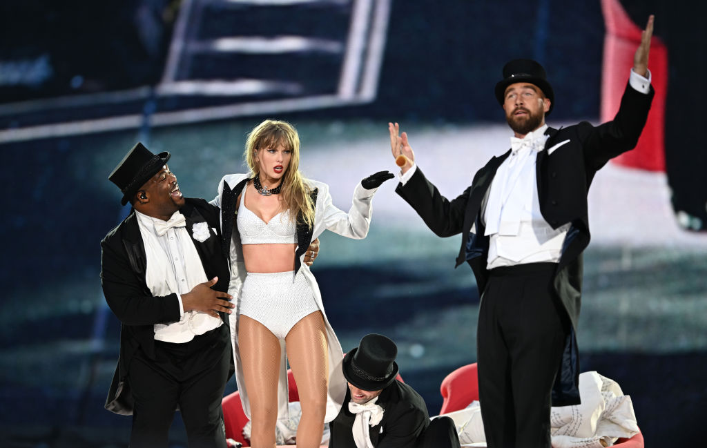Taylor Swift is joined on stage by Travis Kelce, during "Taylor Swift | The Eras Tour" at Wembley Stadium on June 23, 2024 in London, U.K.
