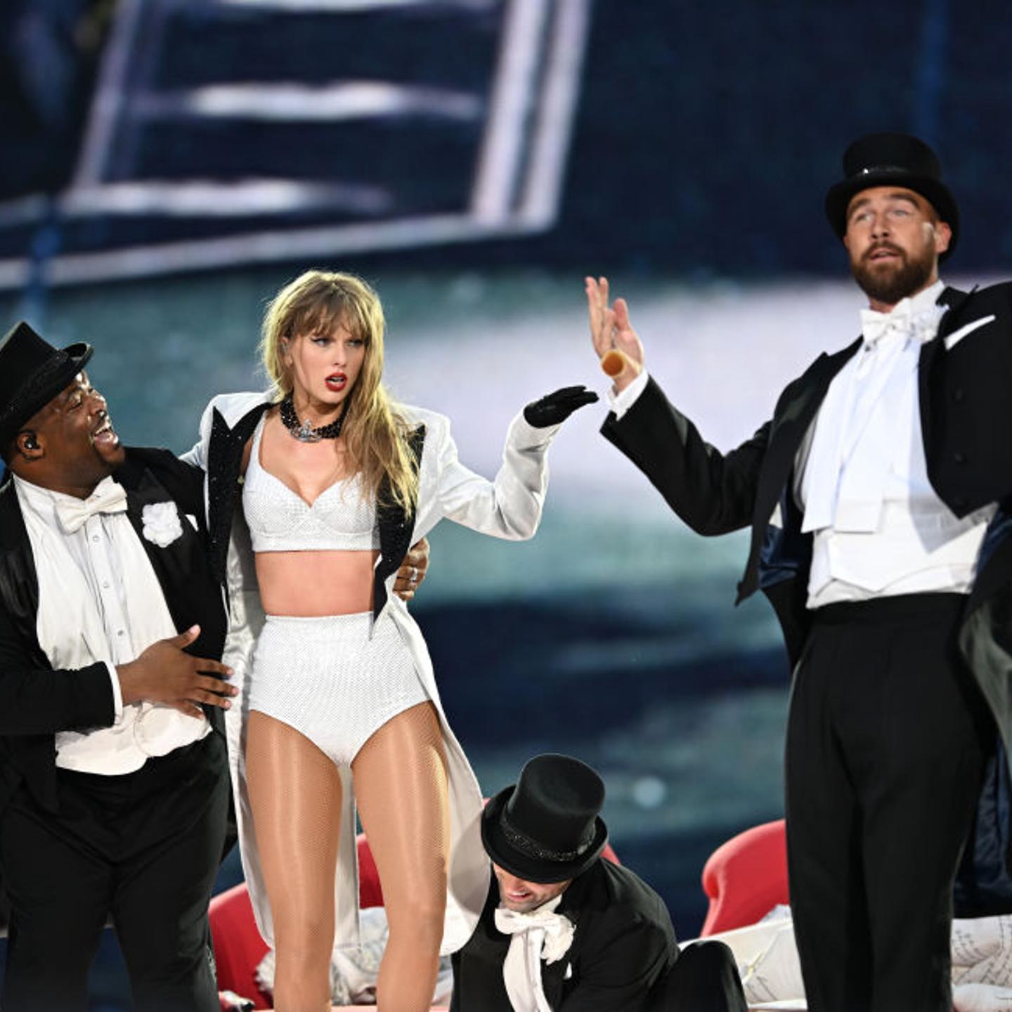 Taylor Swift is joined on stage by Travis Kelce, during "Taylor Swift | The Eras Tour" at Wembley Stadium on June 23, 2024 in London, U.K.