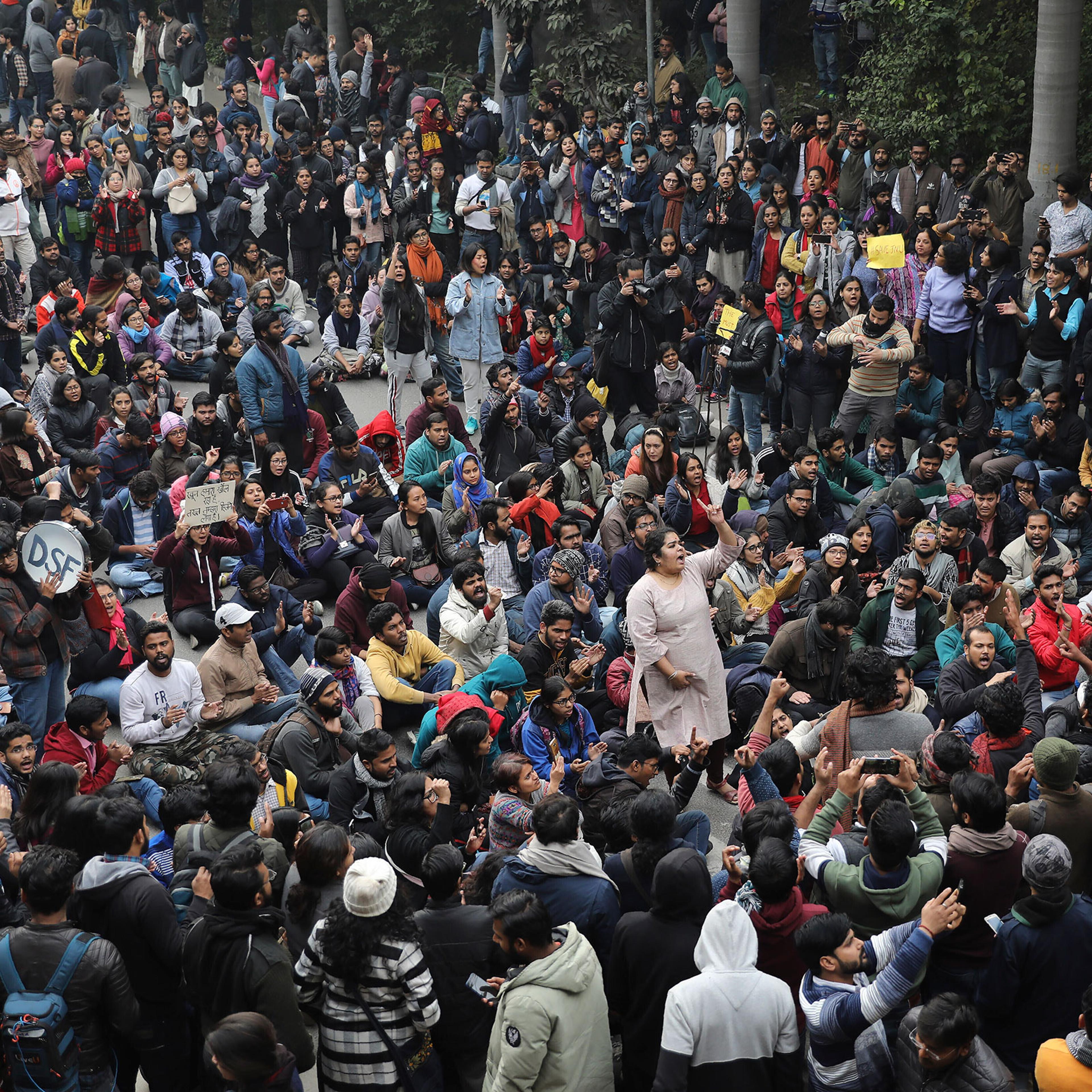 Students shout slogans inside the Jawaharlal Nehru Universit