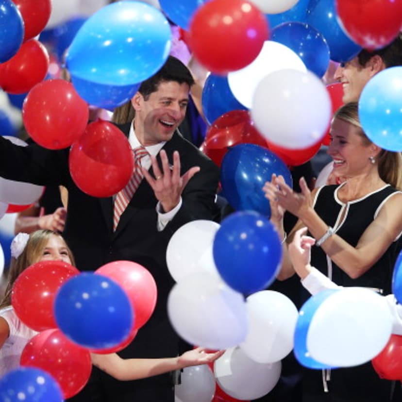 Republican vice presidential candidate, U.S. Rep. Paul Ryan (R-WI) and wife, Janna Ryan stand in the balloon drop during the final day of the Republican National Convention at the Tampa Bay Times Forum on August 30, 2012 in Tampa, Florida.