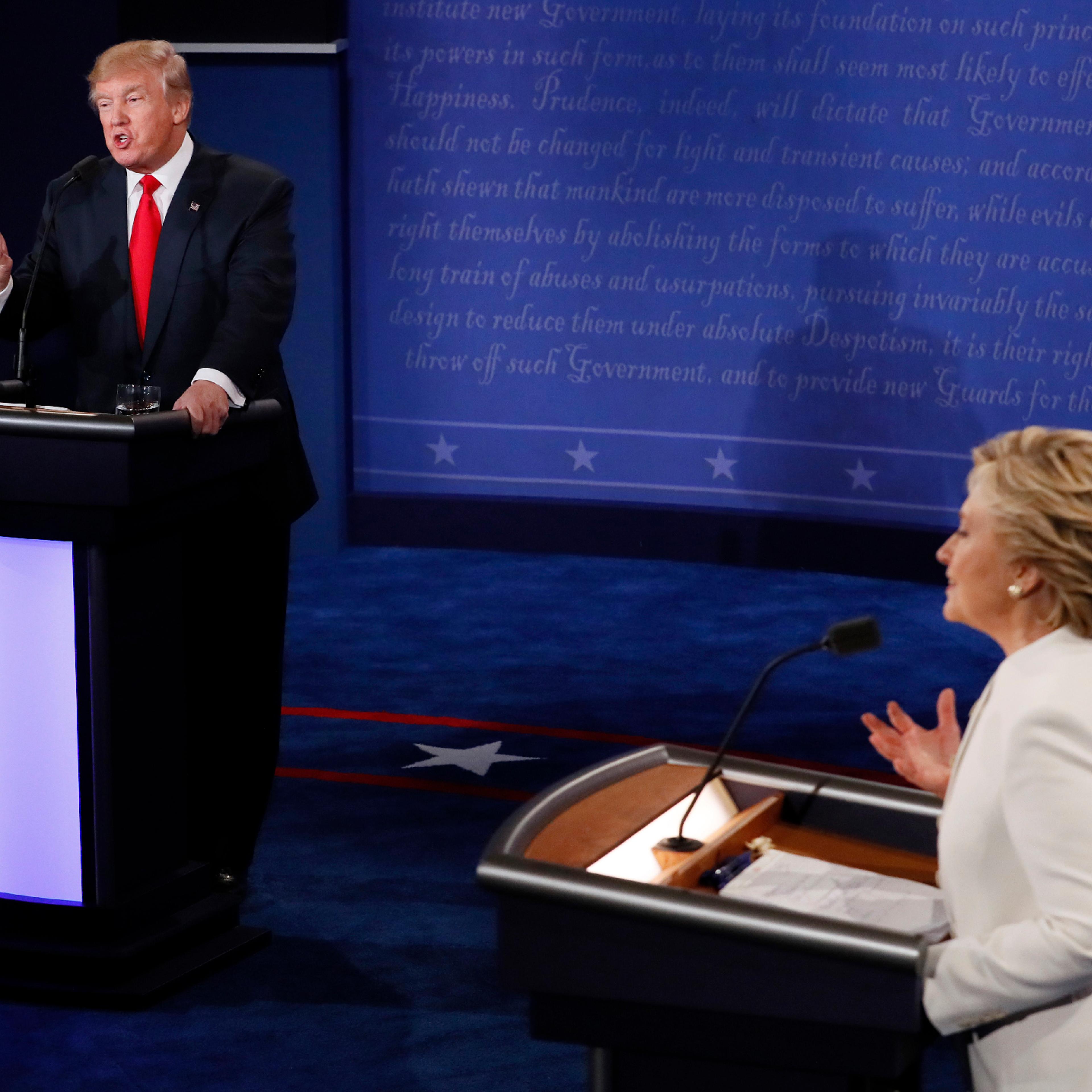 Republican presidential nominee Donald Trump debates with Democratic presidential nominee Hillary Clinton during the third presidential debate at UNLV in Las Vegas, Wednesday, Oct. 19, 2016.