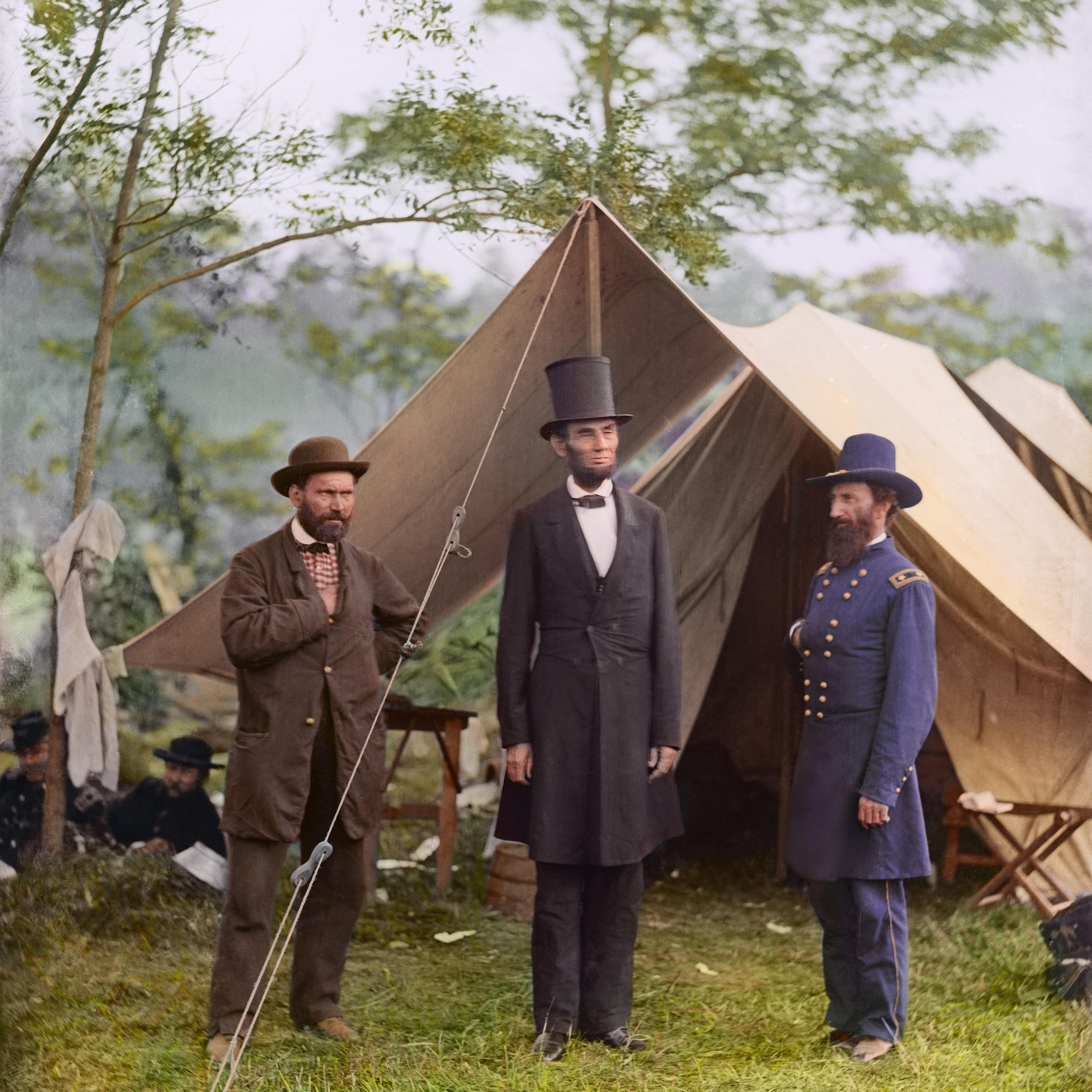 1862. Allan Pinkerton, President Lincoln, and Maj. Gen. John A. McClernand at Antietam.